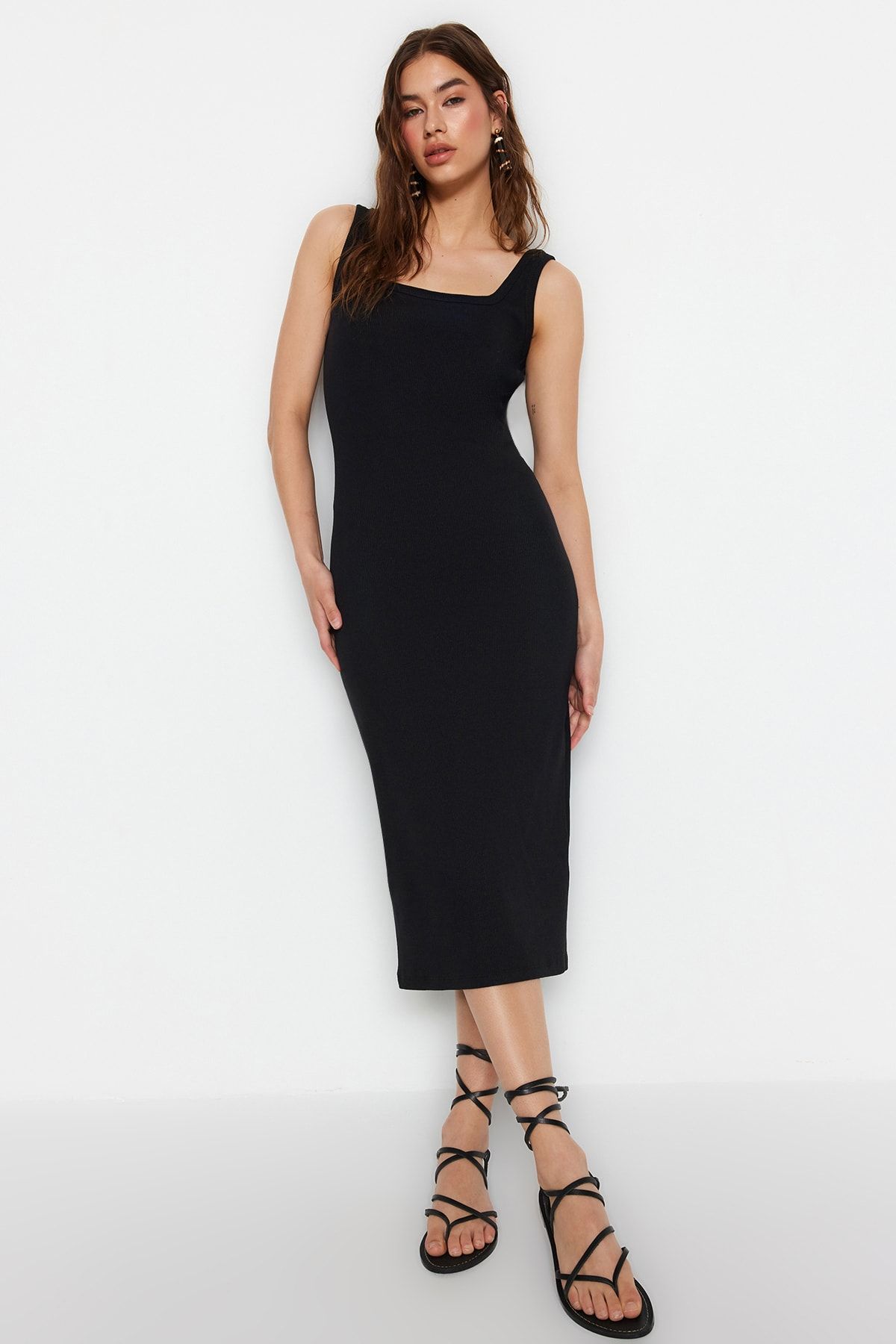 Trendyol Collection Black Square Neck Spaghetti Strap Ribbed Flexible  Fitted Mini Knitted Dress TWOSS21EL2327 - Trendyol