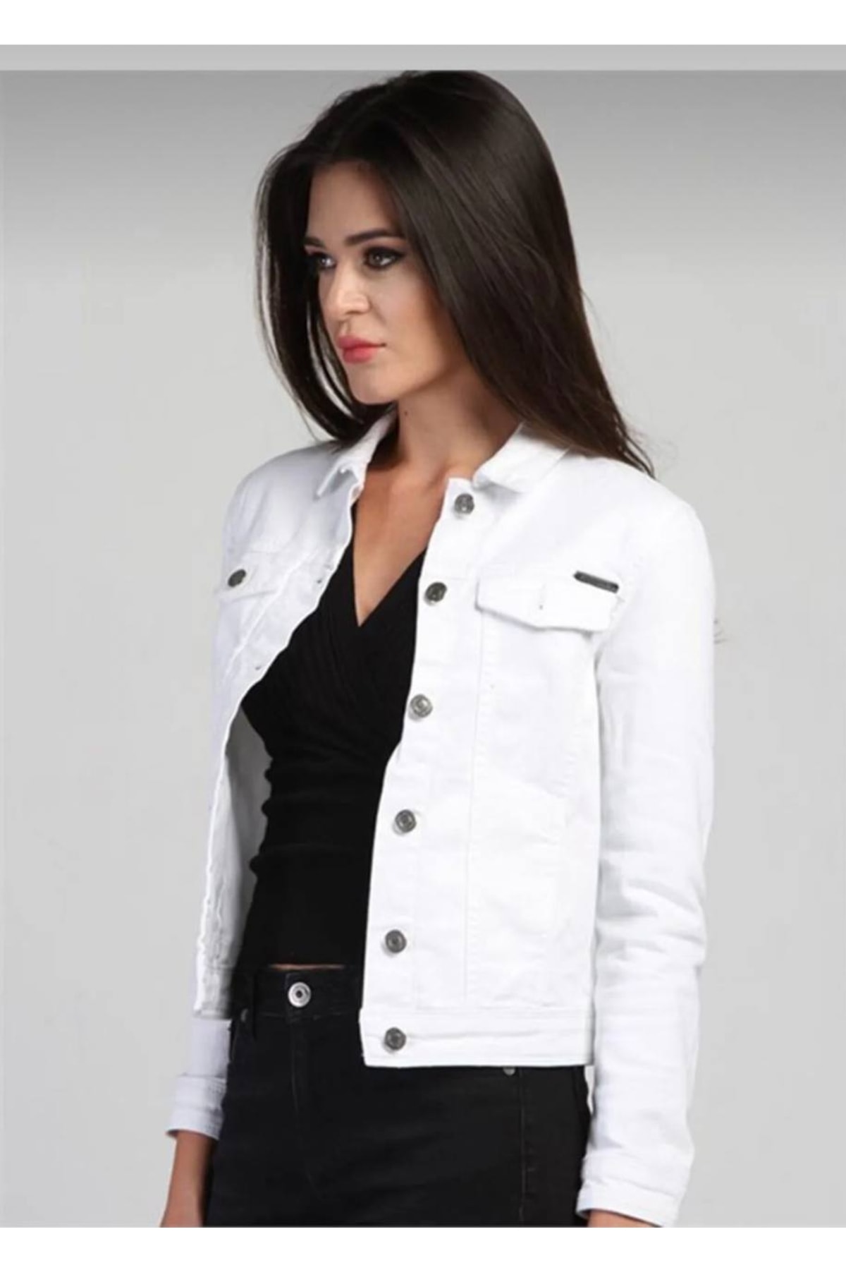 Qeysa  Kadın Beyaz Kısa Kot Ceket - Görsel 2
