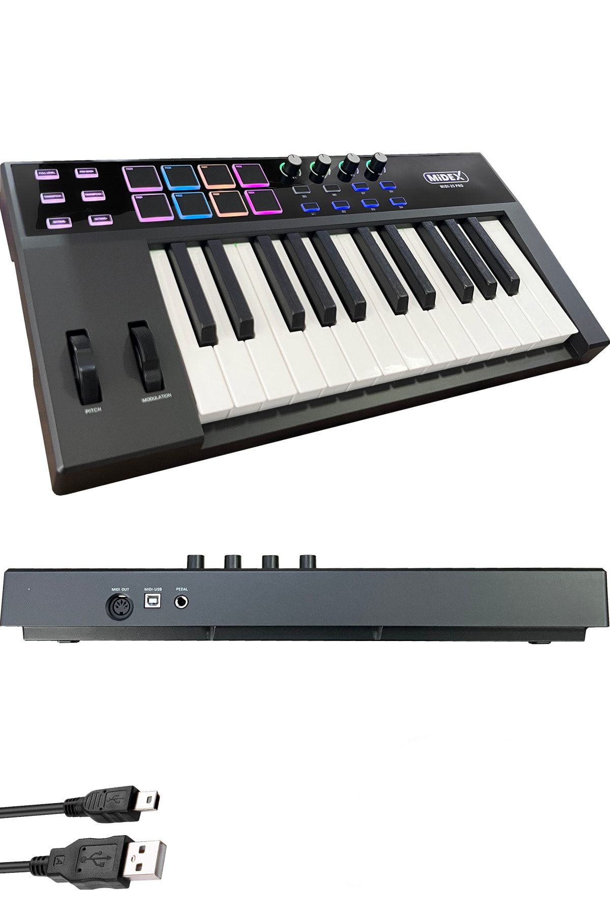 Midex-Midi-25 Pro Midi Keyboard 25 Key Midi Keyboard 8 Pad 3