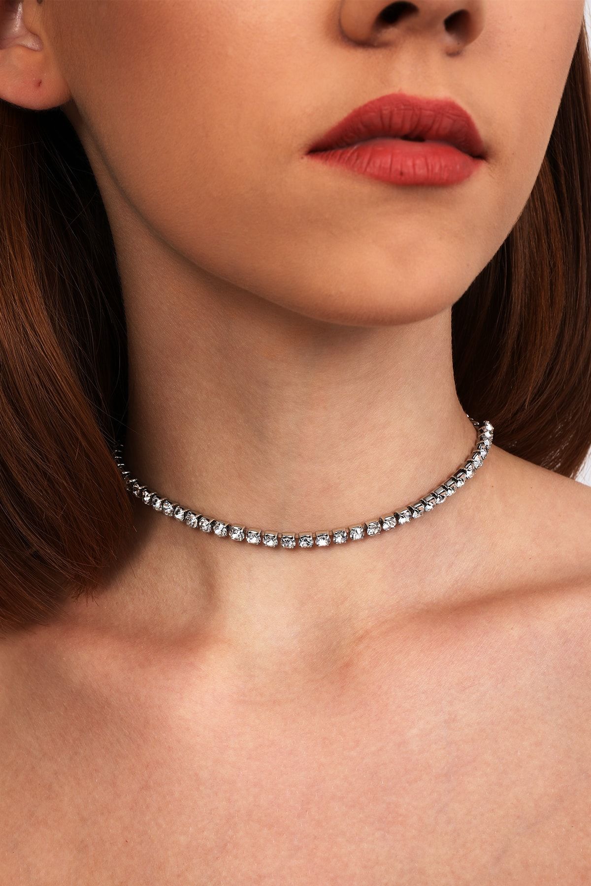 Silver diamond best sale choker necklace