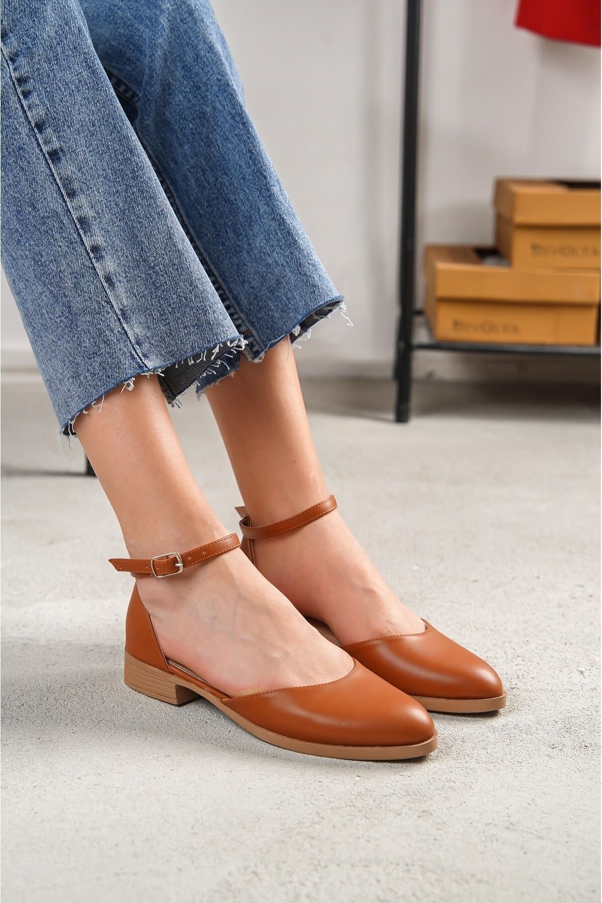 Tan flats shop with ankle strap
