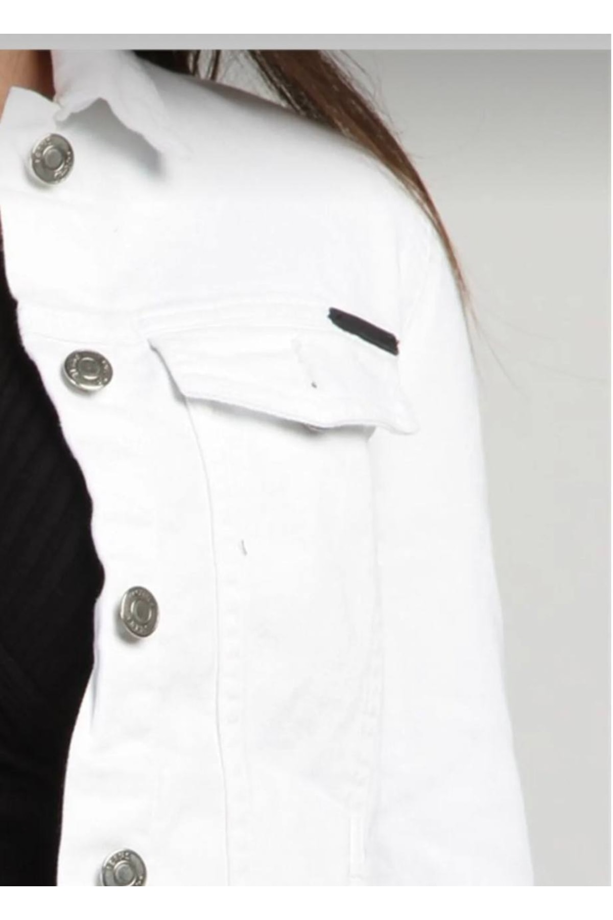 Qeysa  Kadın Beyaz Kısa Kot Ceket - Görsel 3