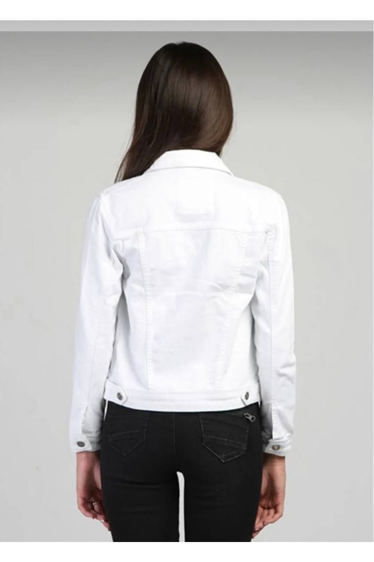 Qeysa  Kadın Beyaz Kısa Kot Ceket - Görsel 4