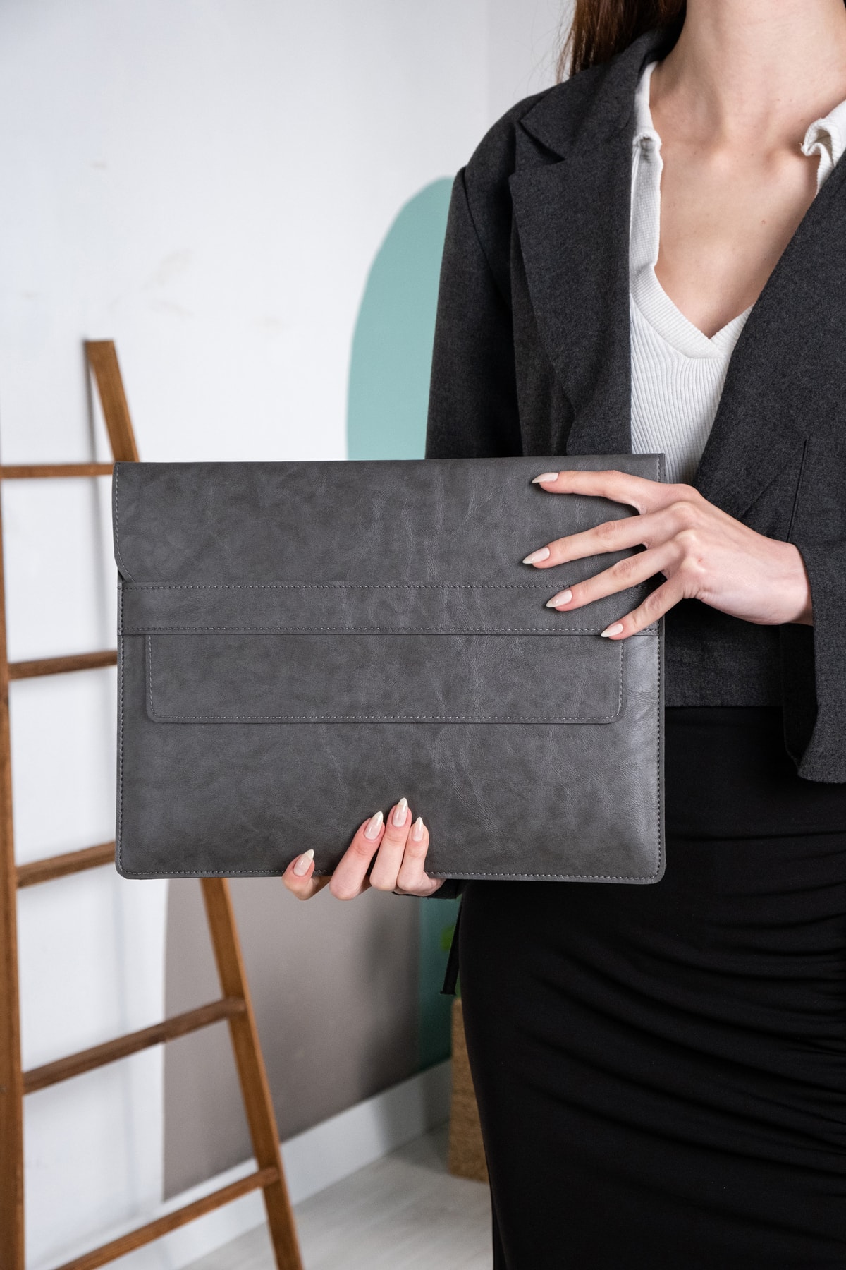 DK LEATHER Pu Deri Gri 13 13.3 13.6'' Notebook Laptop Kılıfı Macbook Air Pro M1 M2 M3 Uyumlu Evrak Çanta