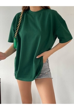 JAKARLI Unisex Yeşil Bisiklet Yaka Pamuk Oversize Boyfriend T-shirt