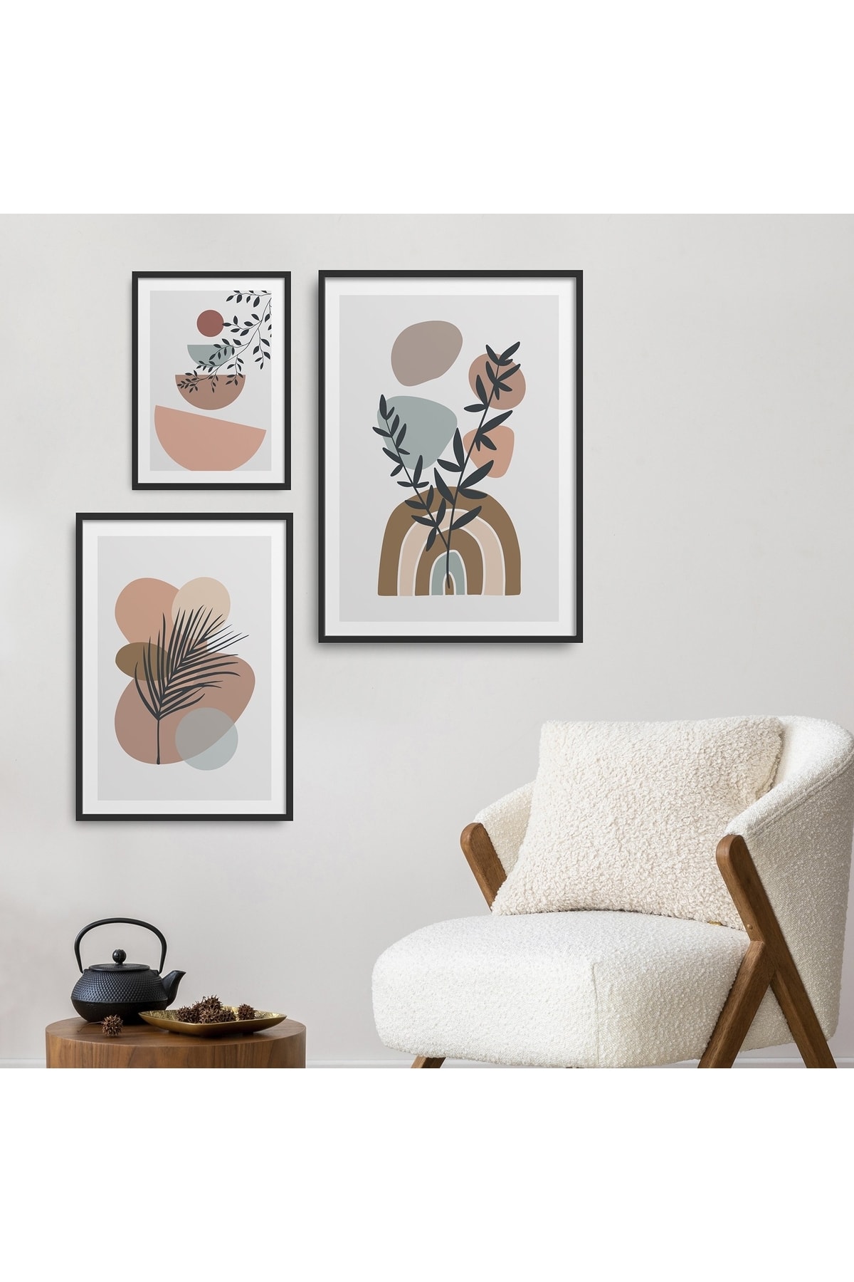 3-Piece Set Natural Wood Laminated Framed Leaf Boho Style Geometric Patterns Table Set Yn010