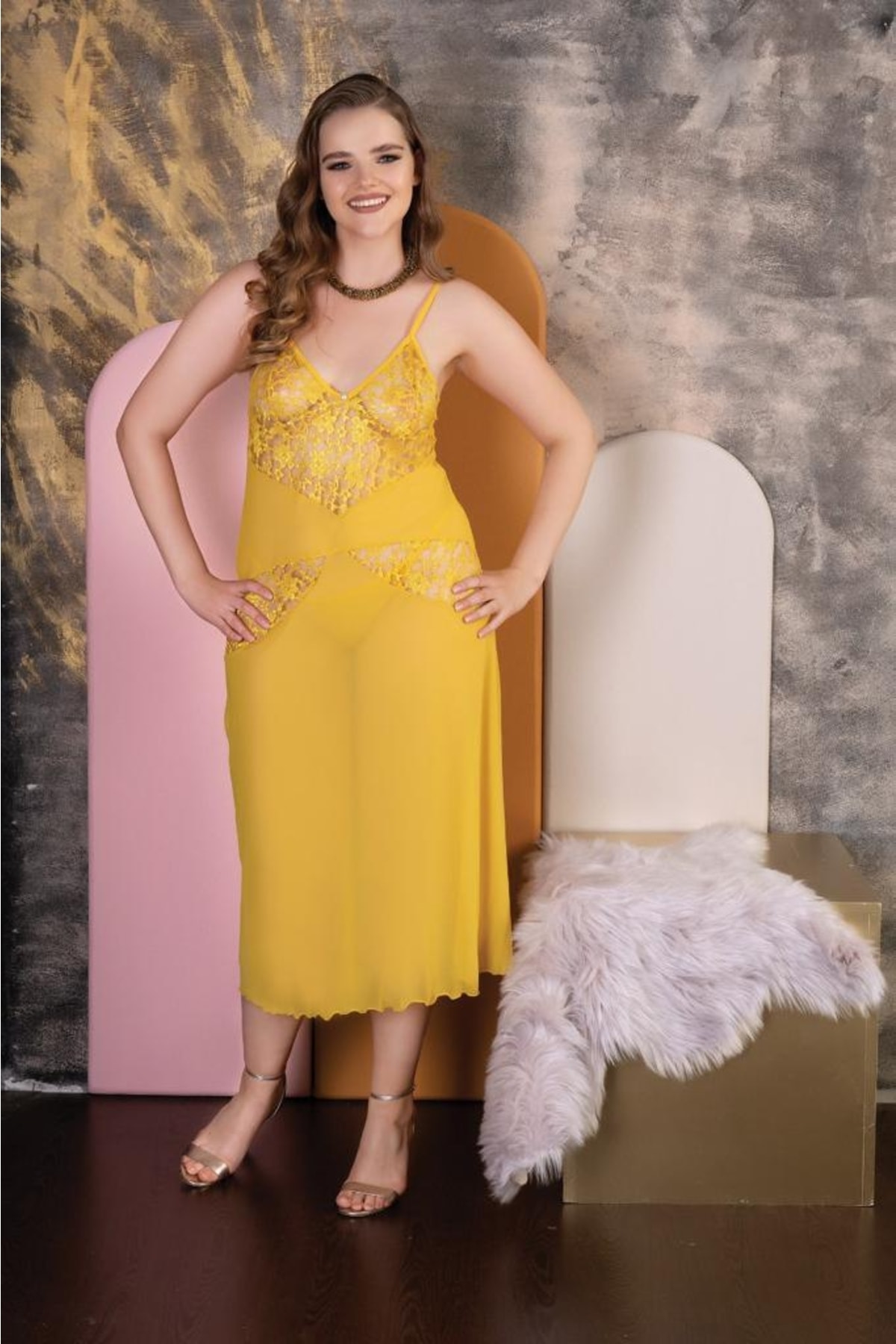 İzabel Kadın Sarı Büyük Beden/battal Uzun Tül Gecelik