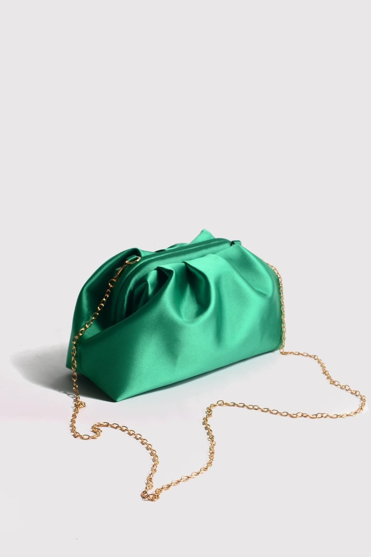 Green satin top clutch bag