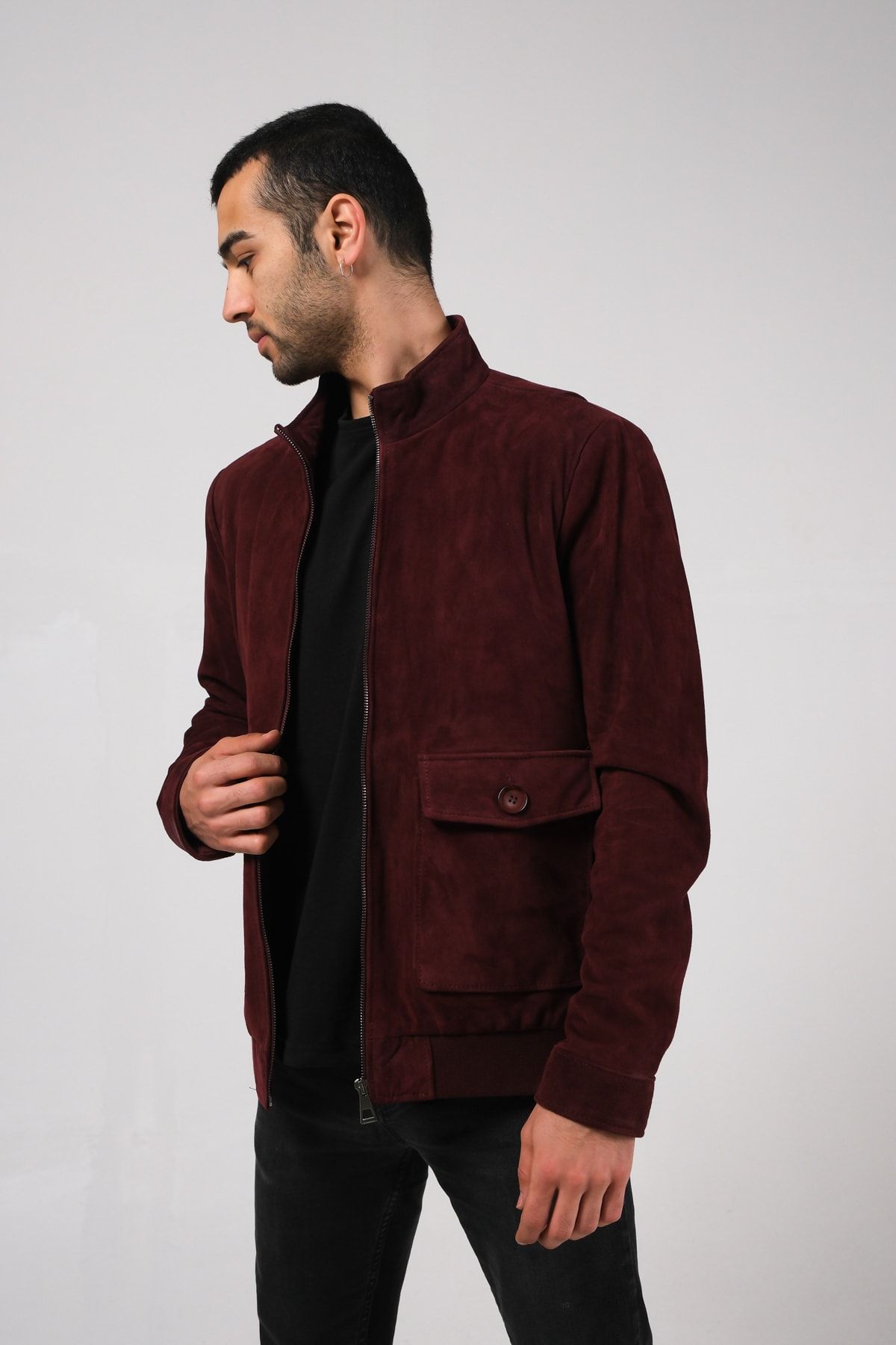 dei original Men s Burgundy Genuine Suede Jacket with Cargo Pocket Detail Trendyol