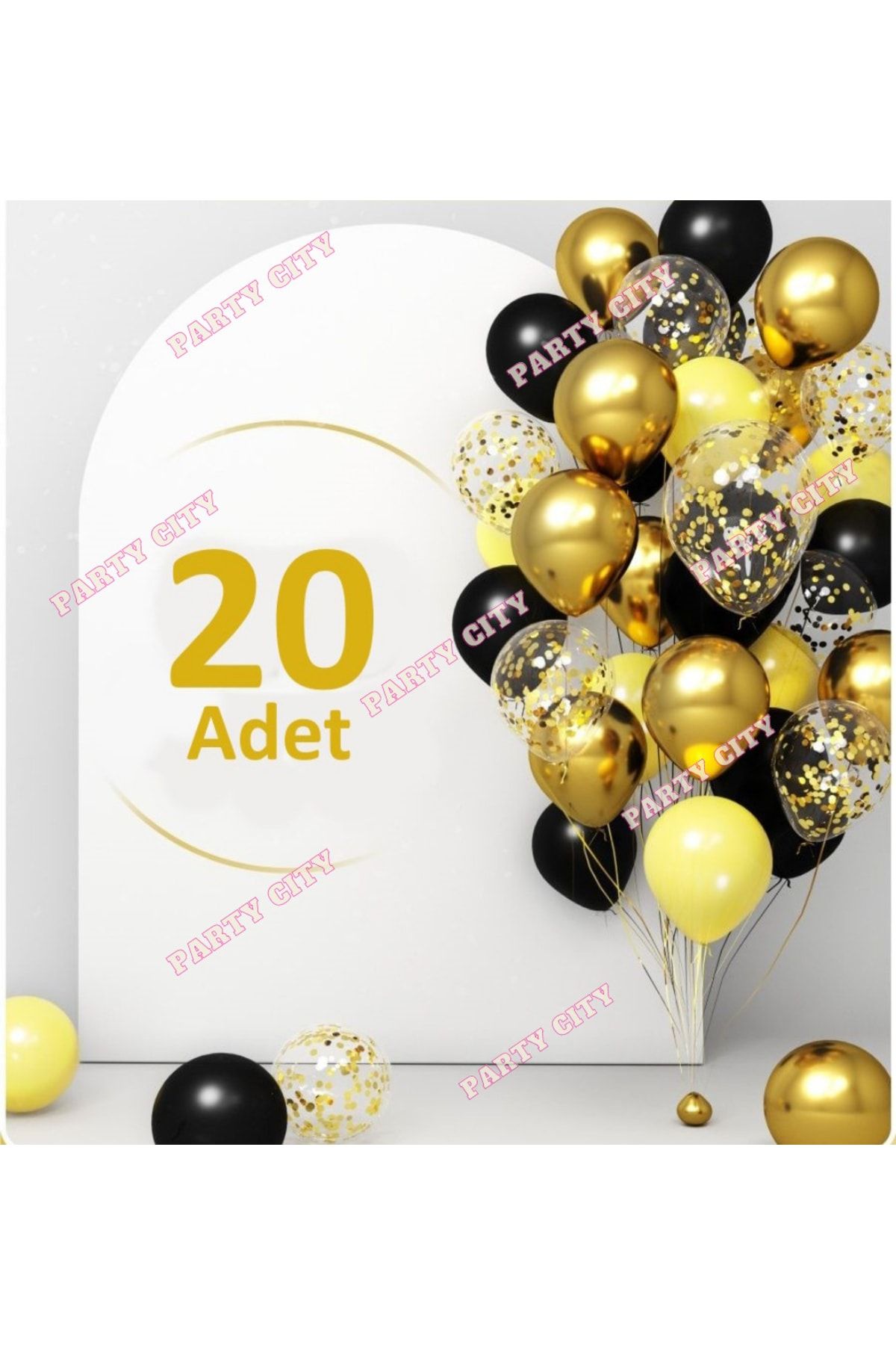 Party City Transparent and Gold Chrome Balloon Set with Gold Confetti 20 Pieces 30 Cm Visible Golden Yellow Balloon Sequins