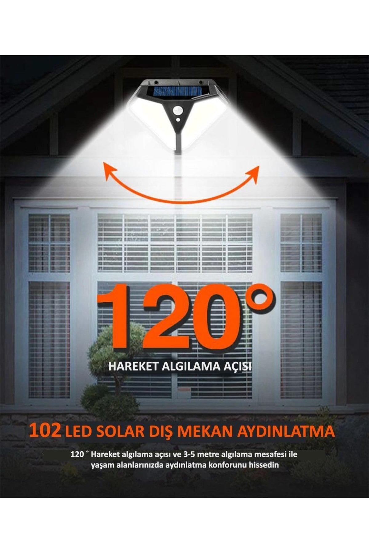 4adet 102 Ledli Güneş Enerjili 3 Modlu Solar Bahçe Aydınlatması Hareket Sensörlü Lamba 7