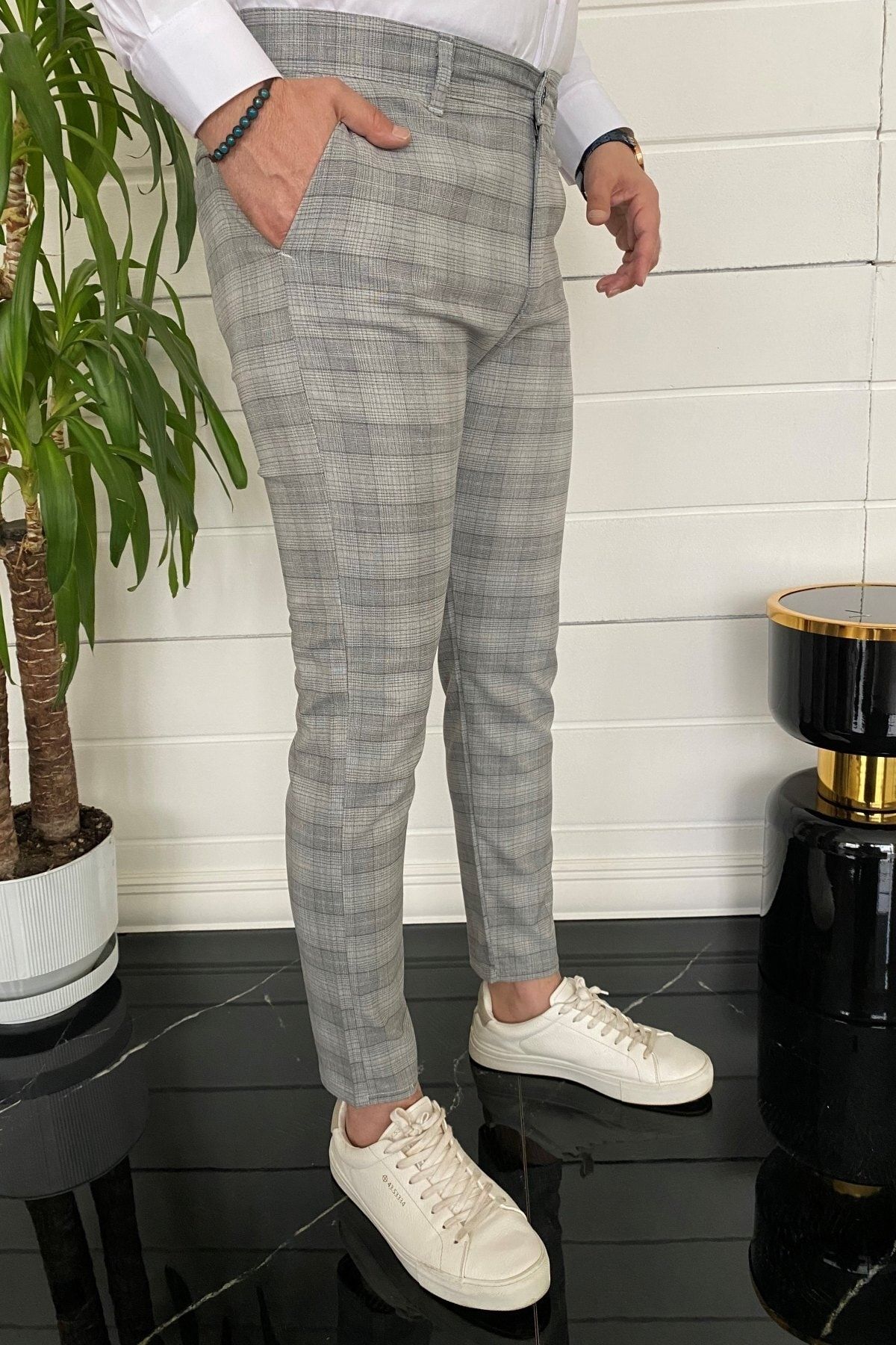 MODAMESTO Men s Gray Slim Fit Plaid Fabric Trousers Trendyol