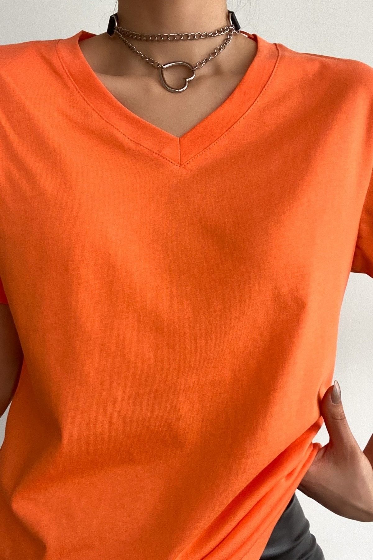 FEMELLE-Women's Orange V-Neck 100% Cotton Basic T-Shirt 3