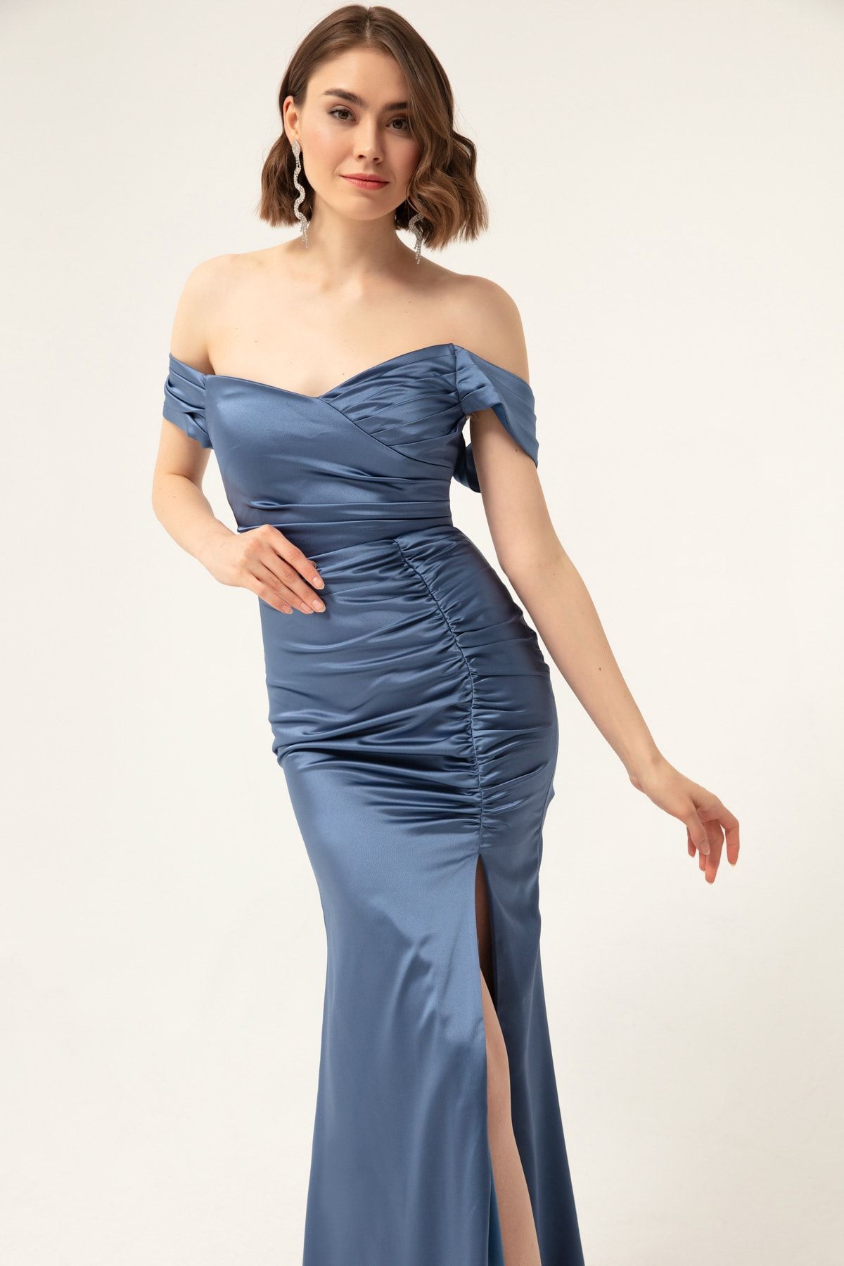 Lafaba Women s Indigo Gather Detailed Slit Long Evening Dress