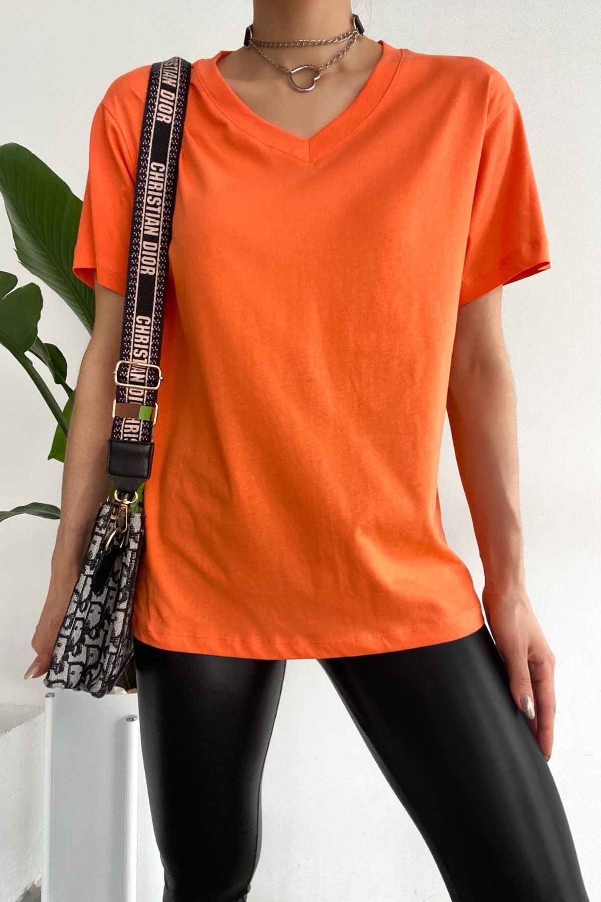 FEMELLE-Women's Orange V-Neck 100% Cotton Basic T-Shirt 1