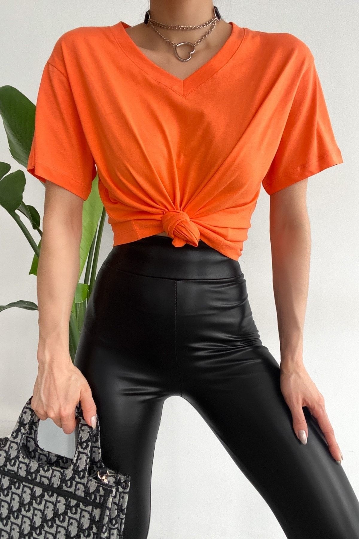 FEMELLE-Women's Orange V-Neck 100% Cotton Basic T-Shirt 4
