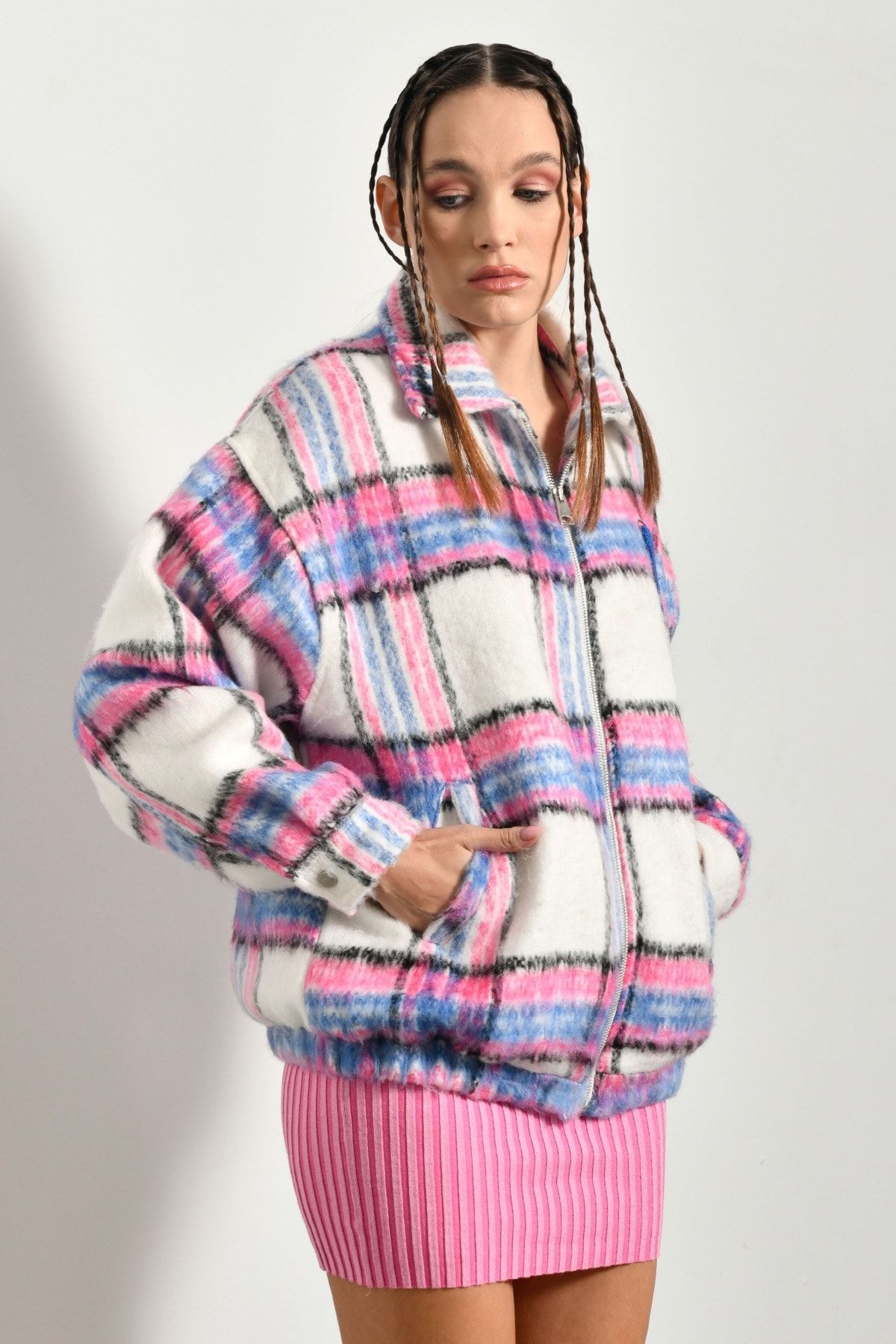 fehika Women s Orange Lined R Appliqued Coat of Arms Plaid Thick