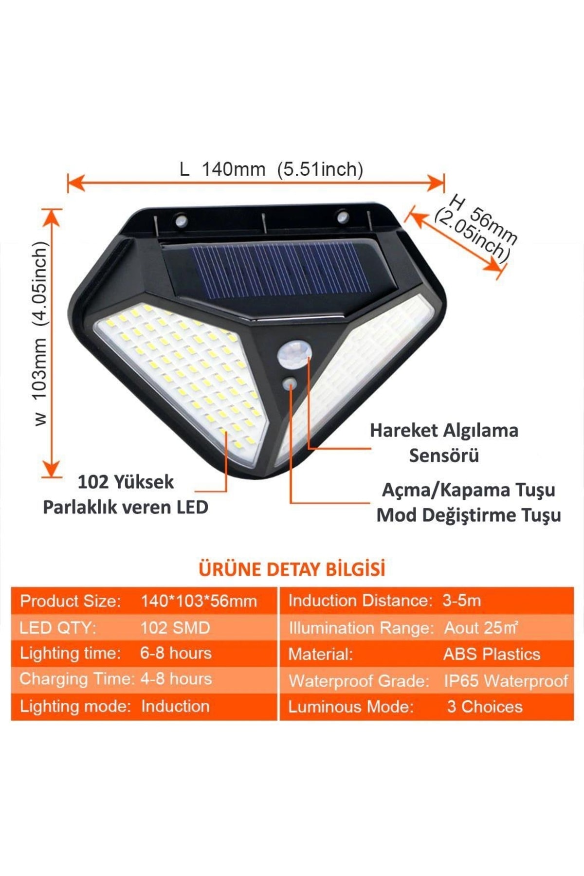 4adet 102 Ledli Güneş Enerjili 3 Modlu Solar Bahçe Aydınlatması Hareket Sensörlü Lamba 4