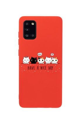 Samsung A31 Şirin Kedicikler Premium Silikonlu Kırmızı Telefon Kılıfı MCSAMA31LSRK