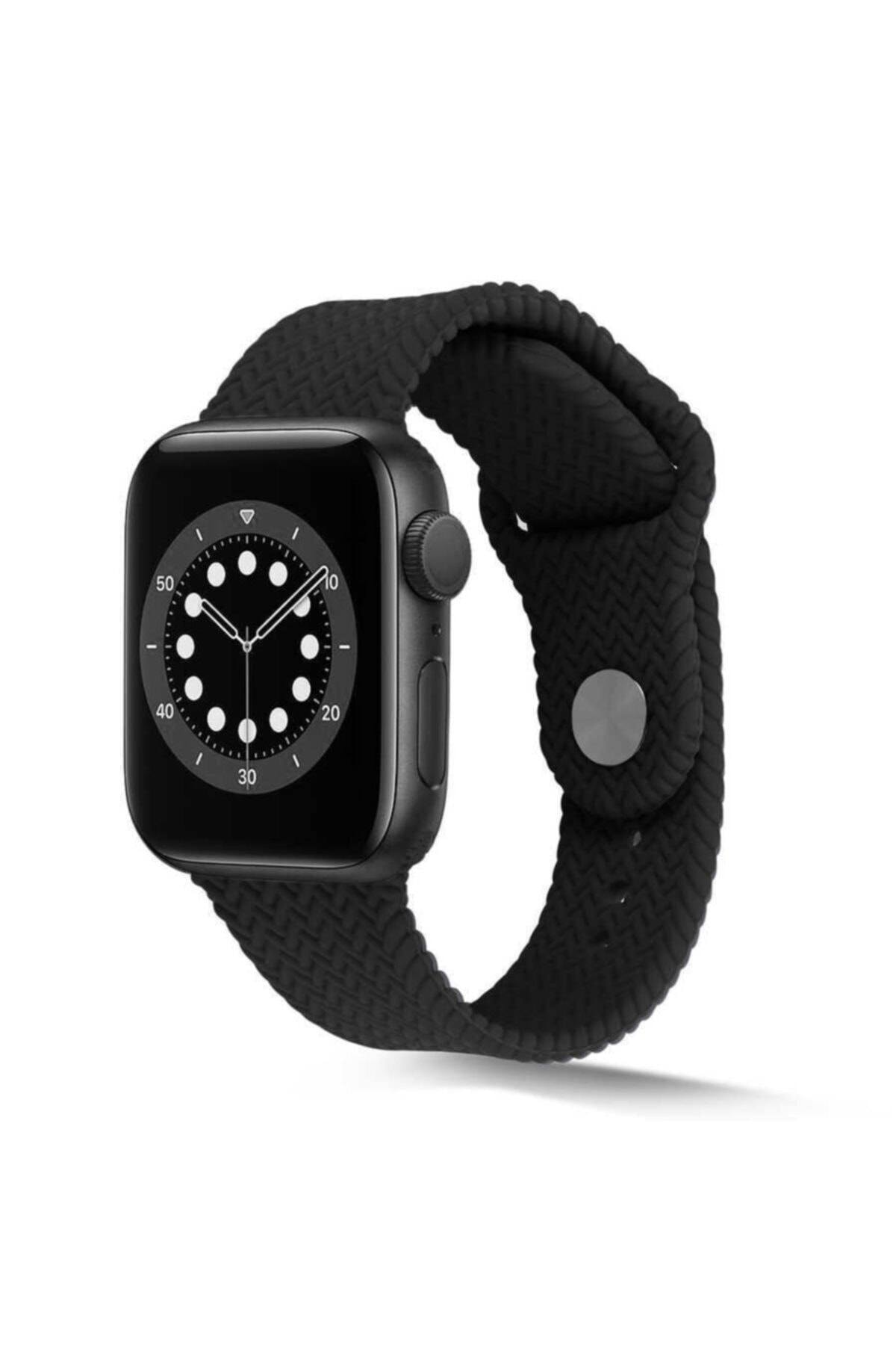 Apple Watch 44mm Hasır Örgü Silikon Kordon - Siyah