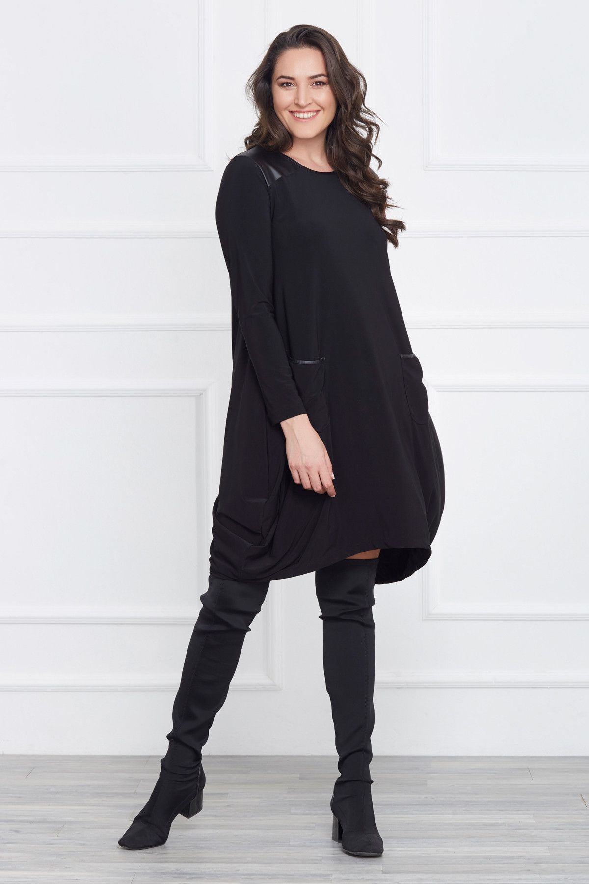 Laranor-Women's Black Leather Detailed Asymmetrical Cut Dress 17LB9023 6