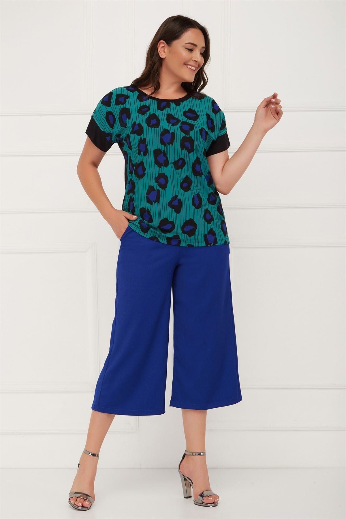 Seamoda-Μεγάλο μέγεθος Leopard Pattern 4 Seasons Mother Comfort Άνετη μπλούζα-τιρκουάζ 2