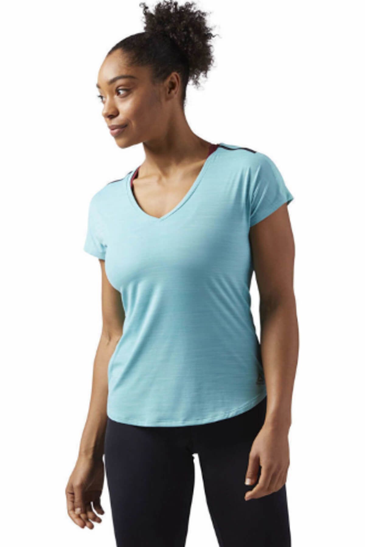 تی شرت آبی فیروزه ای یقه v مدل ساده آستین کوتاه زنانه ریباک Reebok (برند انگلستان)