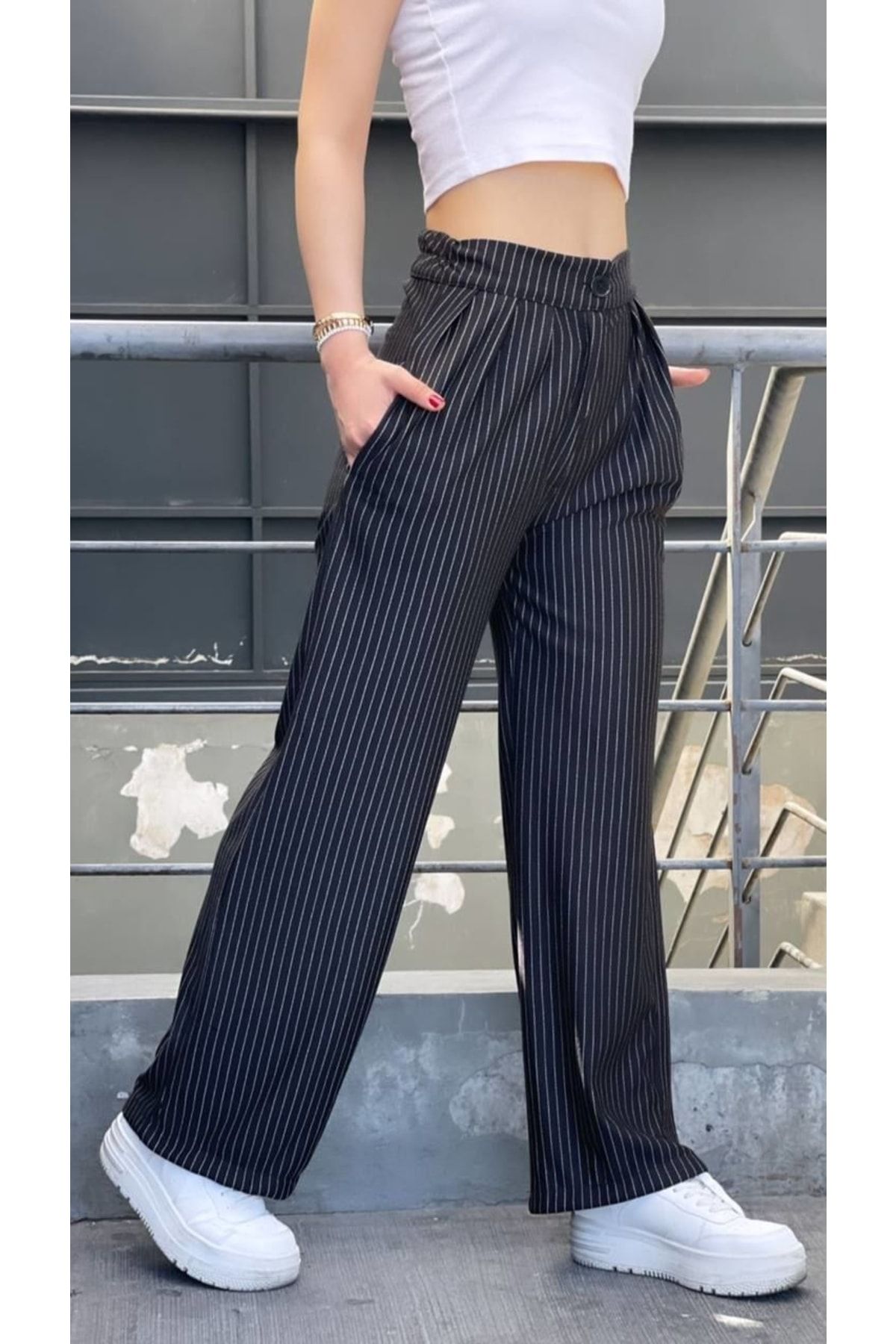REKA MODA Made of Crepe Fabric, Palazzo Model, Stripe Pattern, Buttons and Elastic  Waist, Women's Trousers - Trendyol