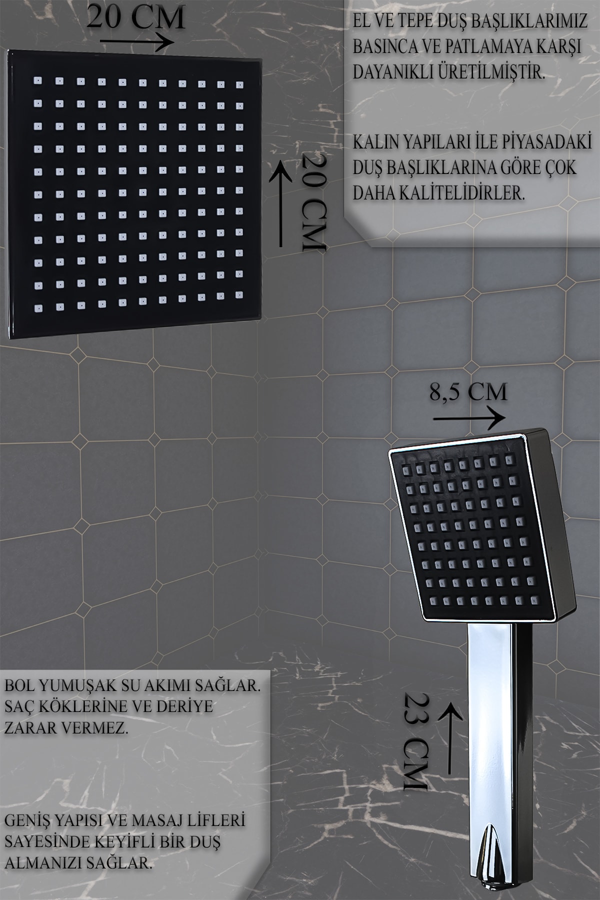 tesitay Duş Başlıkları Kare Model El Ve Tepe Duşu Kalın Robot Duş Seti Sürgülü Duş Başlığı Banyo Seti