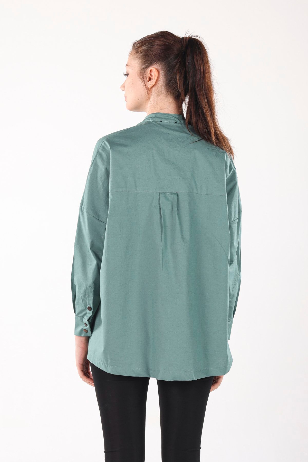 ALİS DRESS-Turquoise V-Neck Comfortable Fit Shirt Without Buttons 4