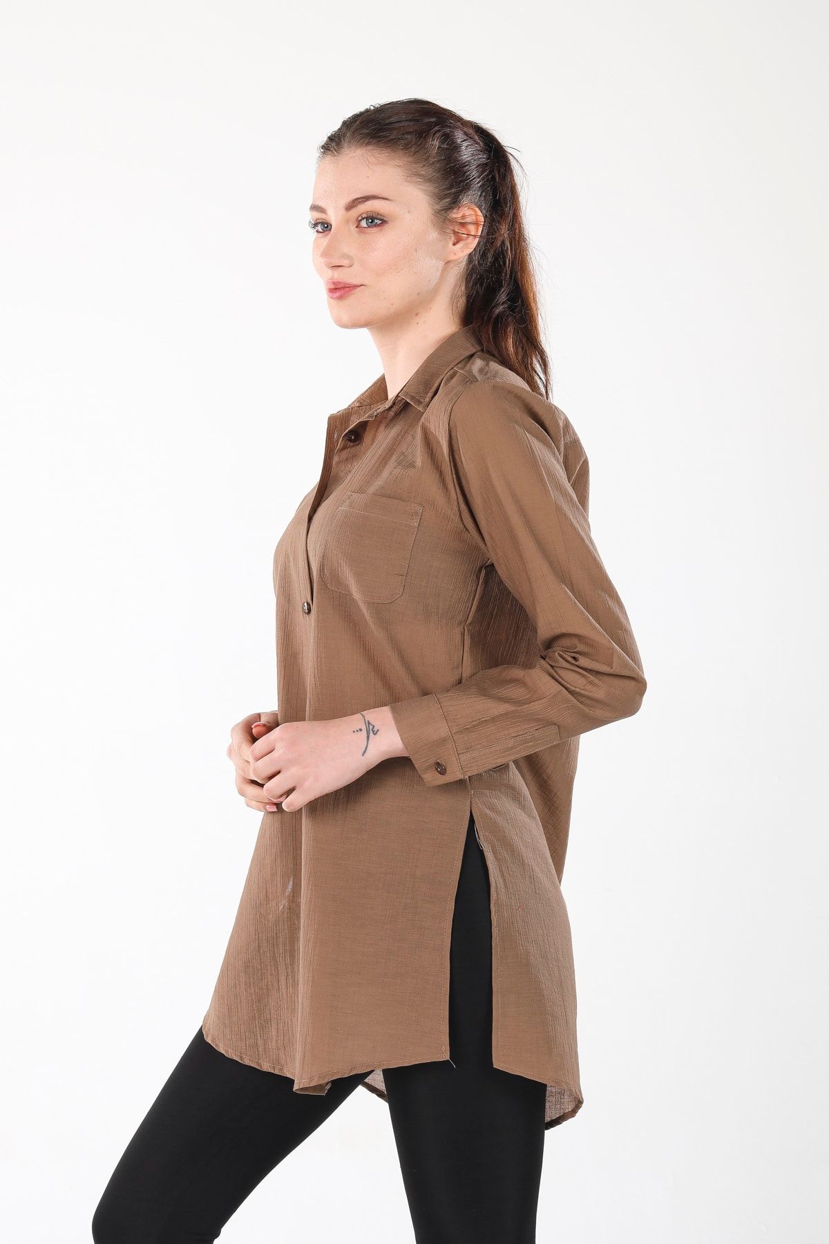 ALİS DRESS-Brown Long Shirt with Side Slits 3