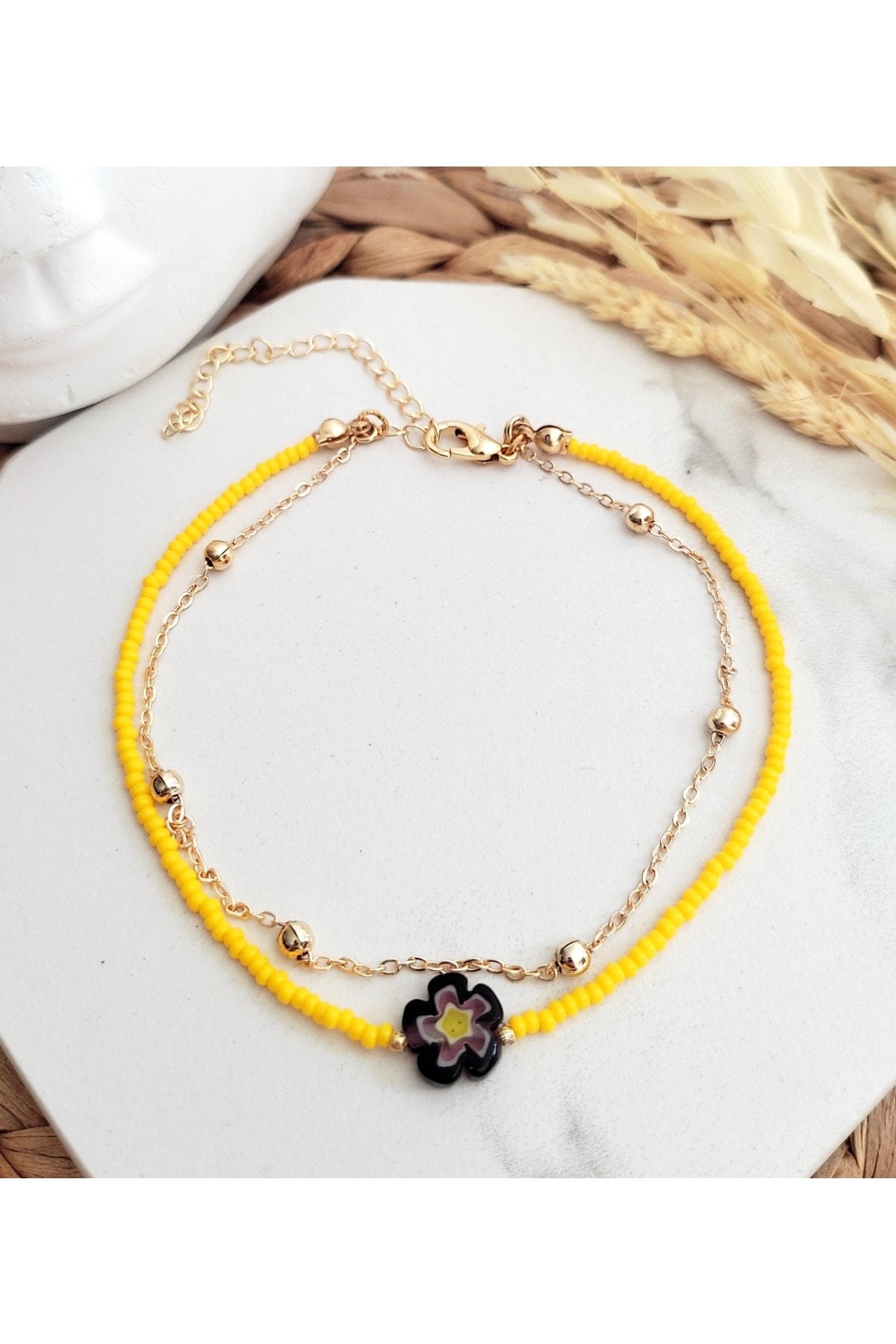 HALHALMILL Sarı Gül Kurusu Çiçek Muranolu Top Zincirli Halhal