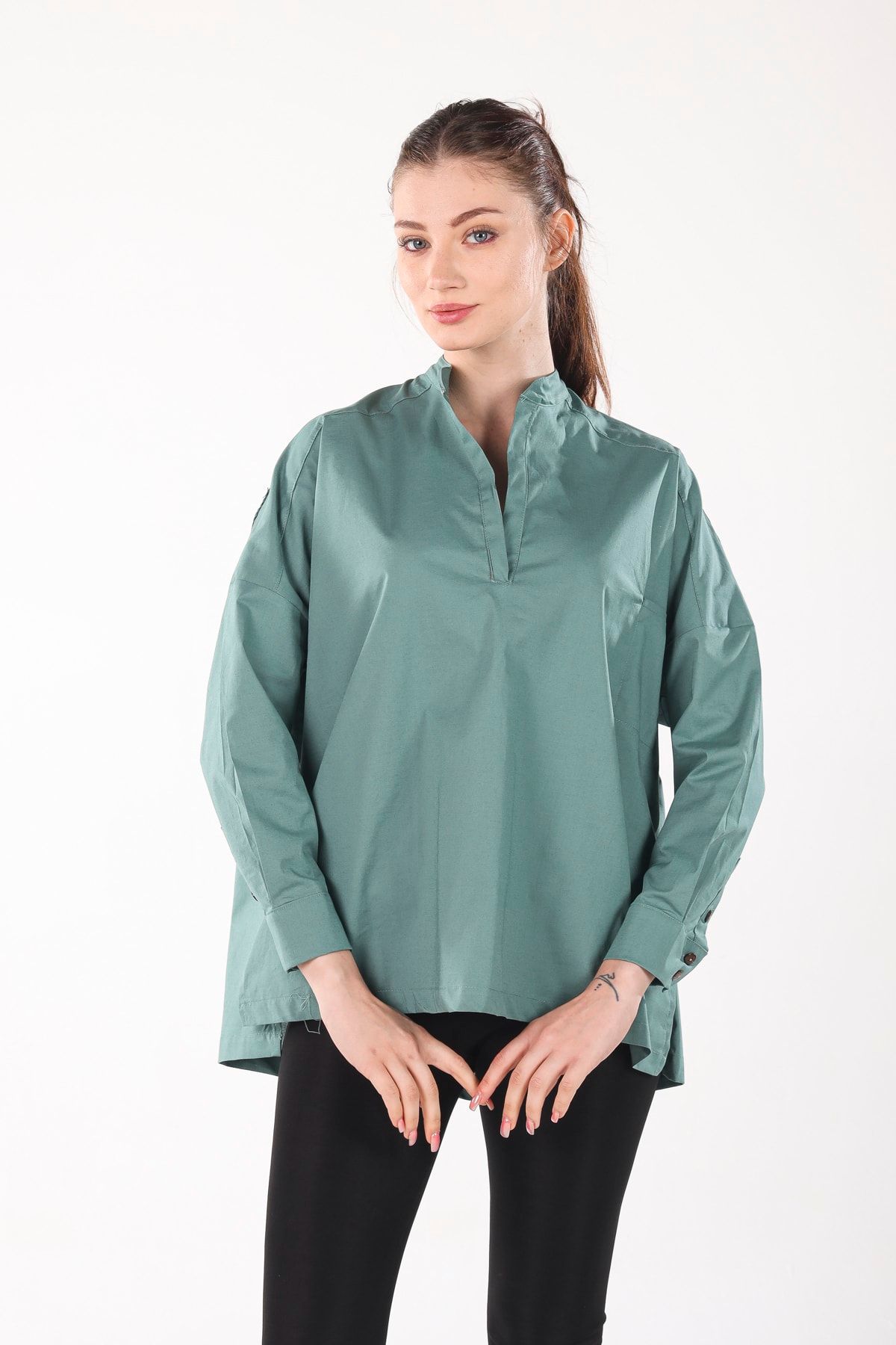 ALİS DRESS-Turquoise V-Neck Comfortable Fit Shirt Without Buttons 2