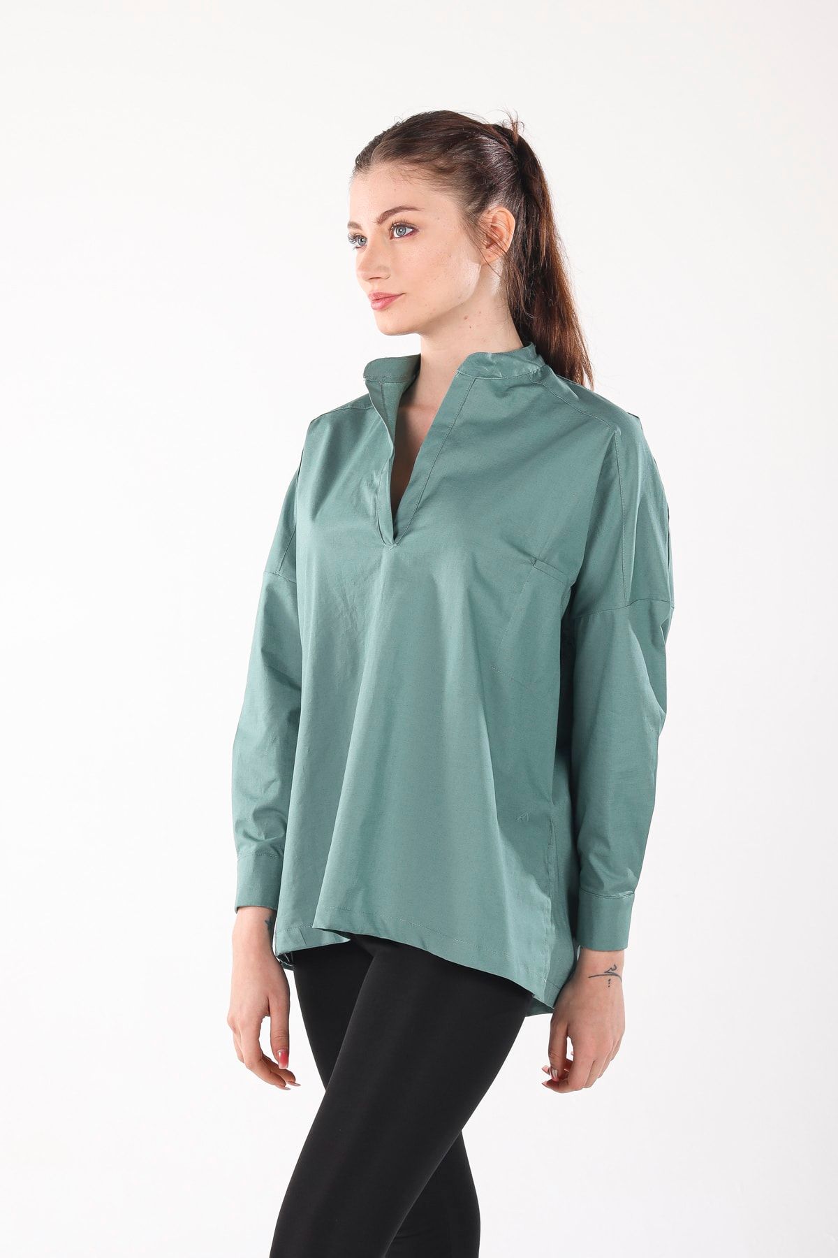 ALİS DRESS-Turquoise V-Neck Comfortable Fit Shirt Without Buttons 3