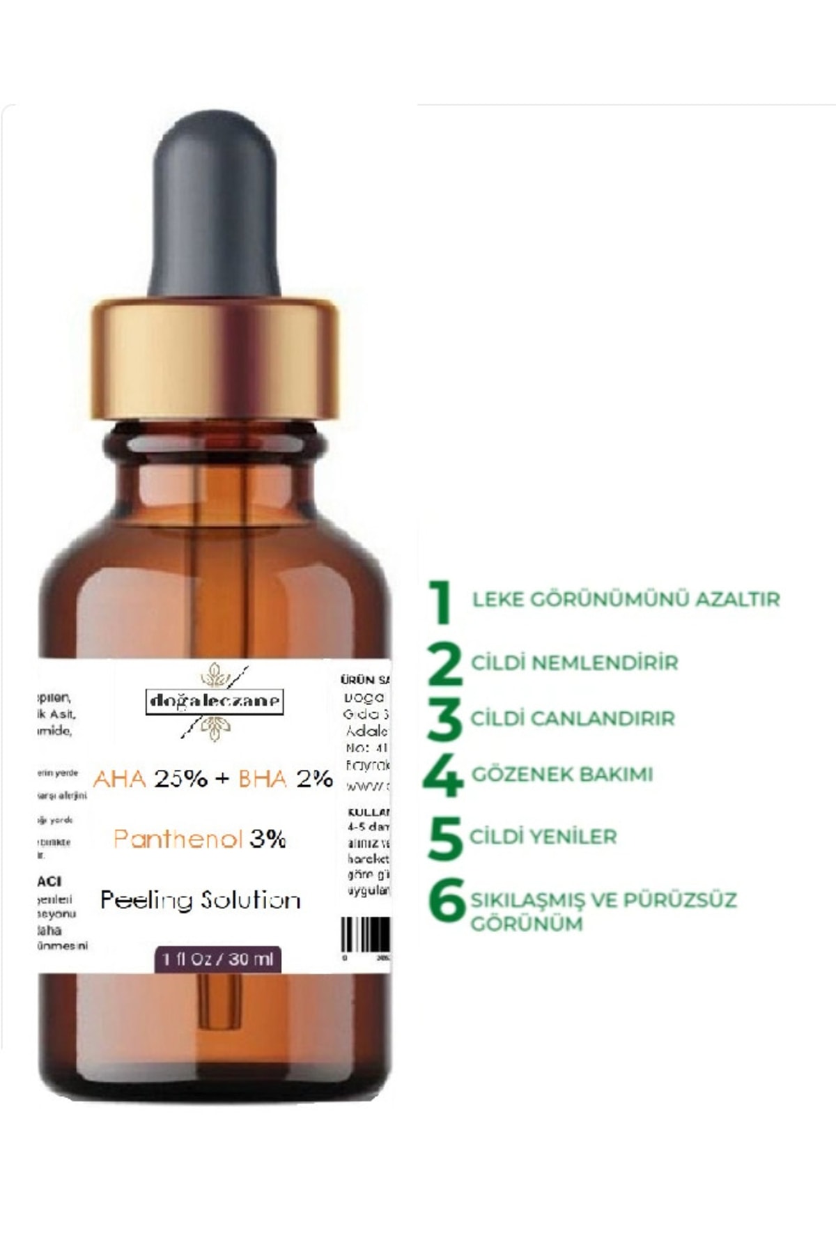 Doğal Eczane Aha %25 Bha %2 Panthenol %3 Leke Karşıtı & Cilt Tonu Eşitleyici Peeling Cilt Serum 30 ml