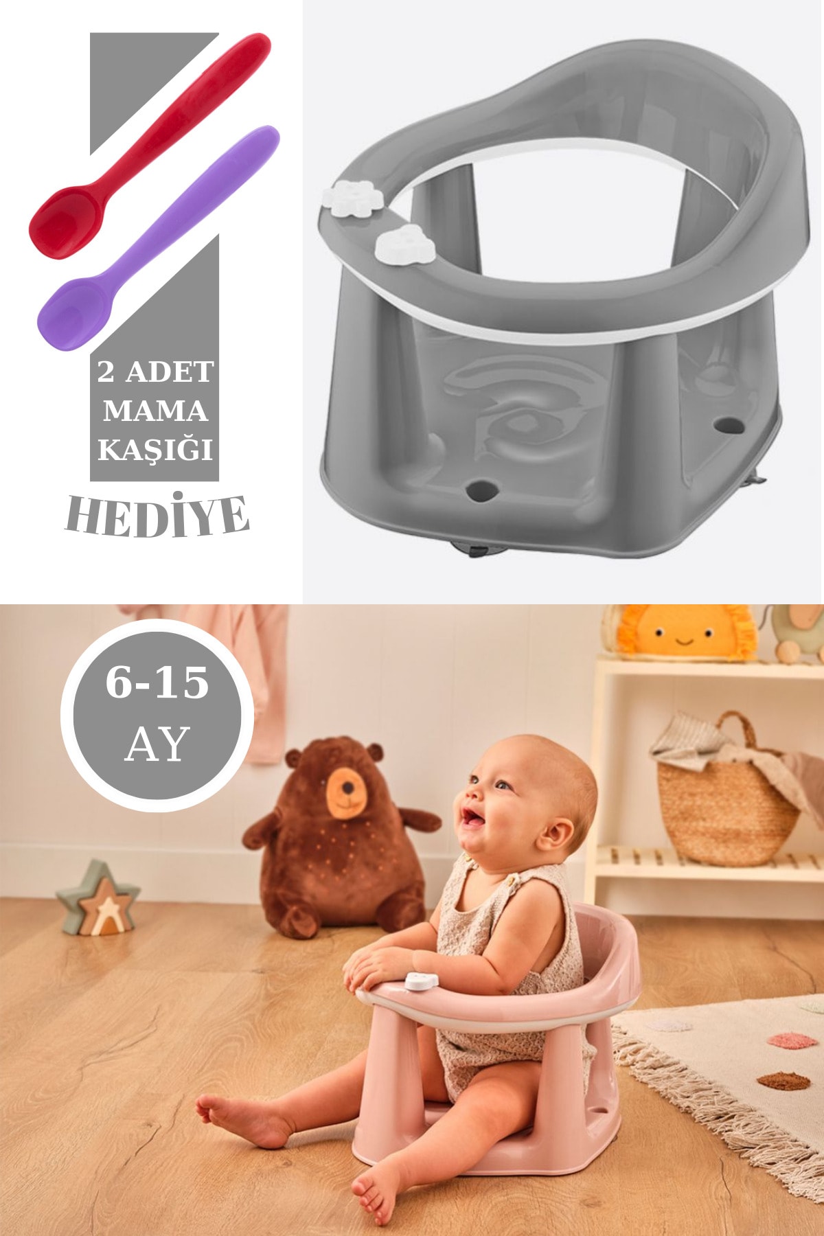 Vakumlu Bebek Banyo  Mama Oturağı + Silicolife 2 Adet Silikon Mama Kaşığı Hediye