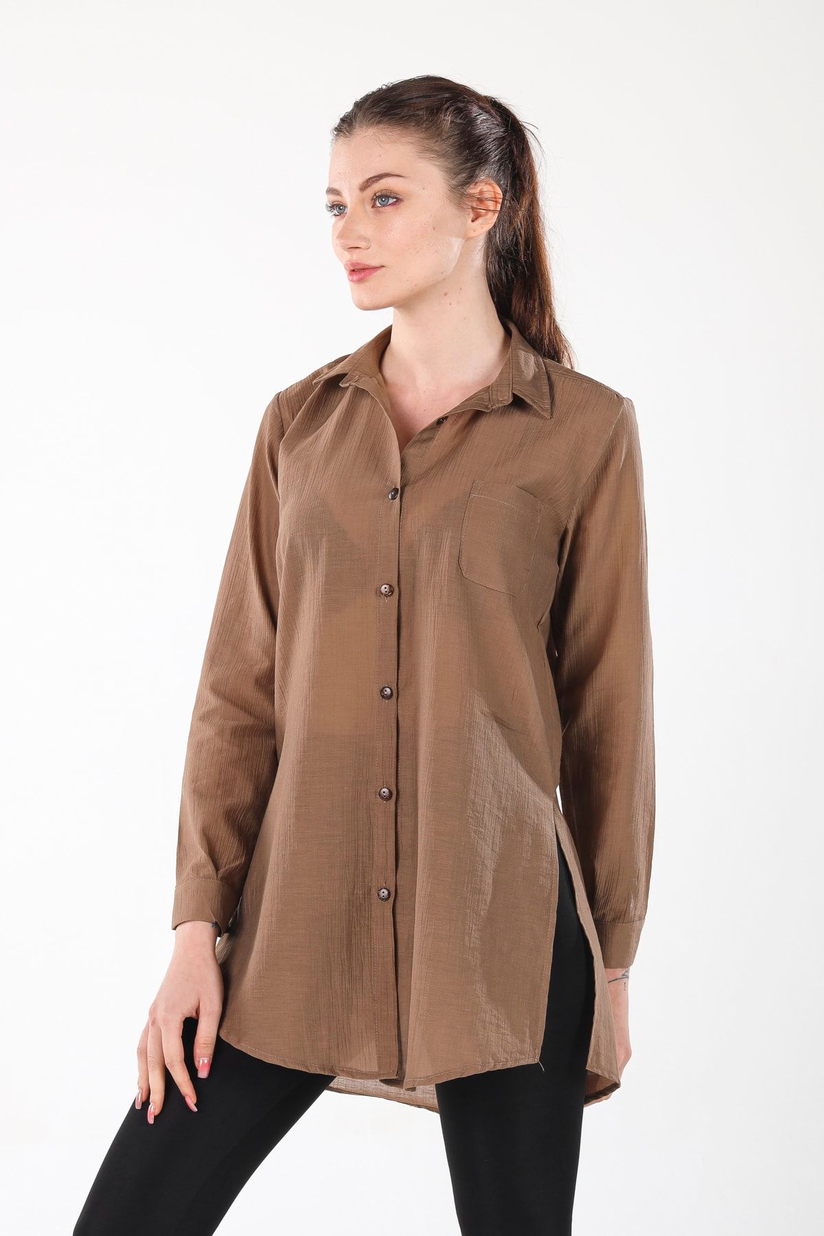 ALİS DRESS-Brown Long Shirt with Side Slits 2