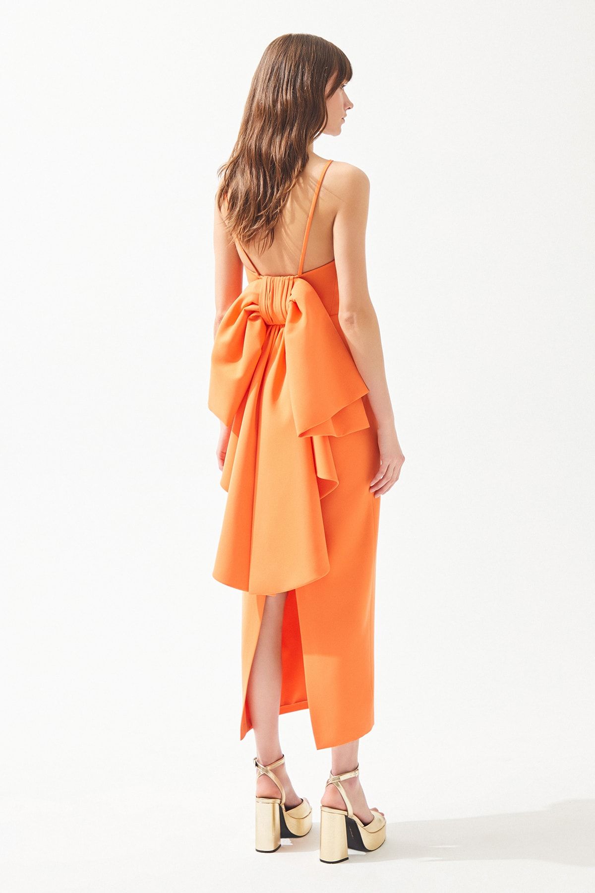 cercis-Strapless Bow Detailed Orange Long Dress - Slit 2