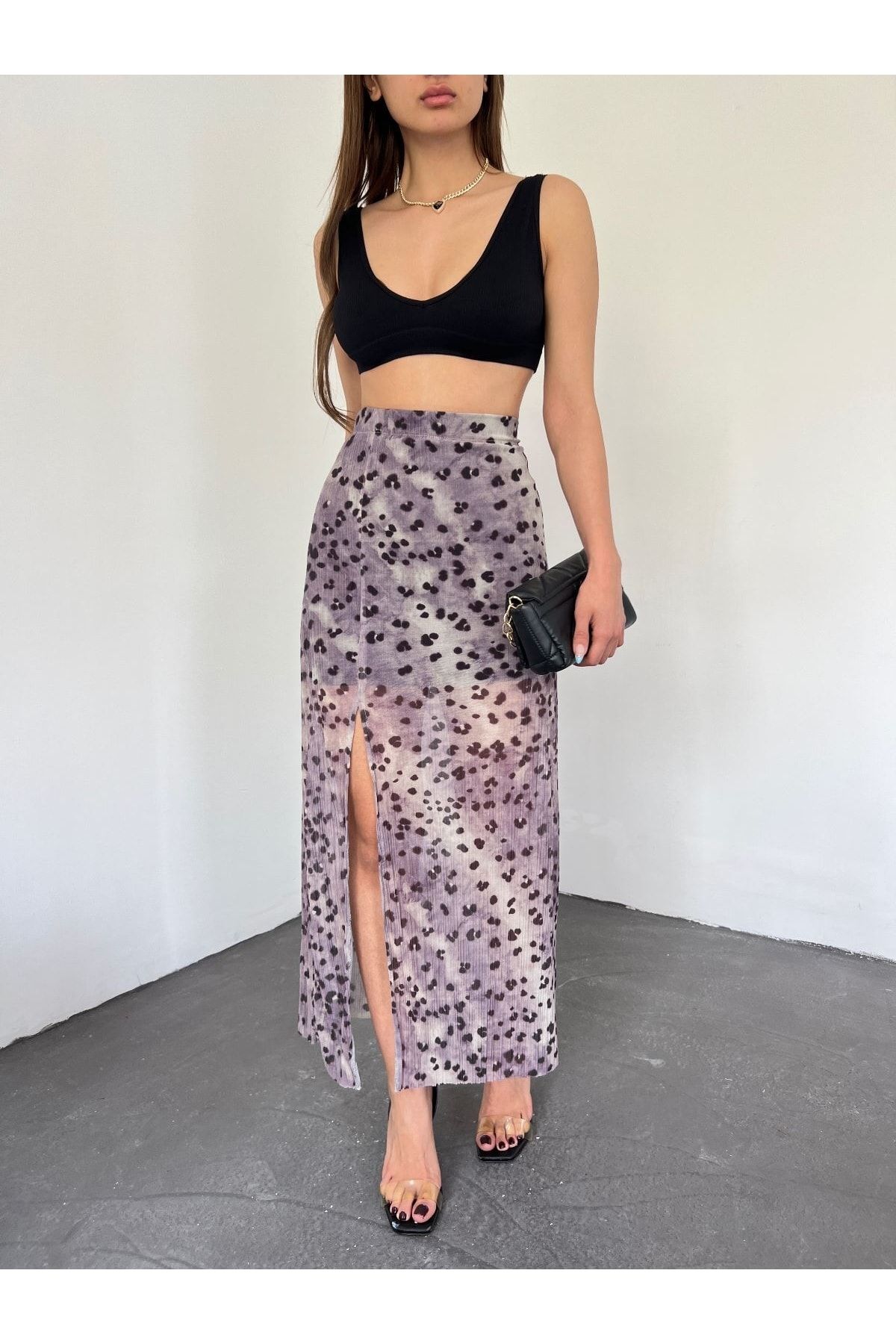 Fav Style Women s High Waist Elastic Lined Slit Patterned Chiffon