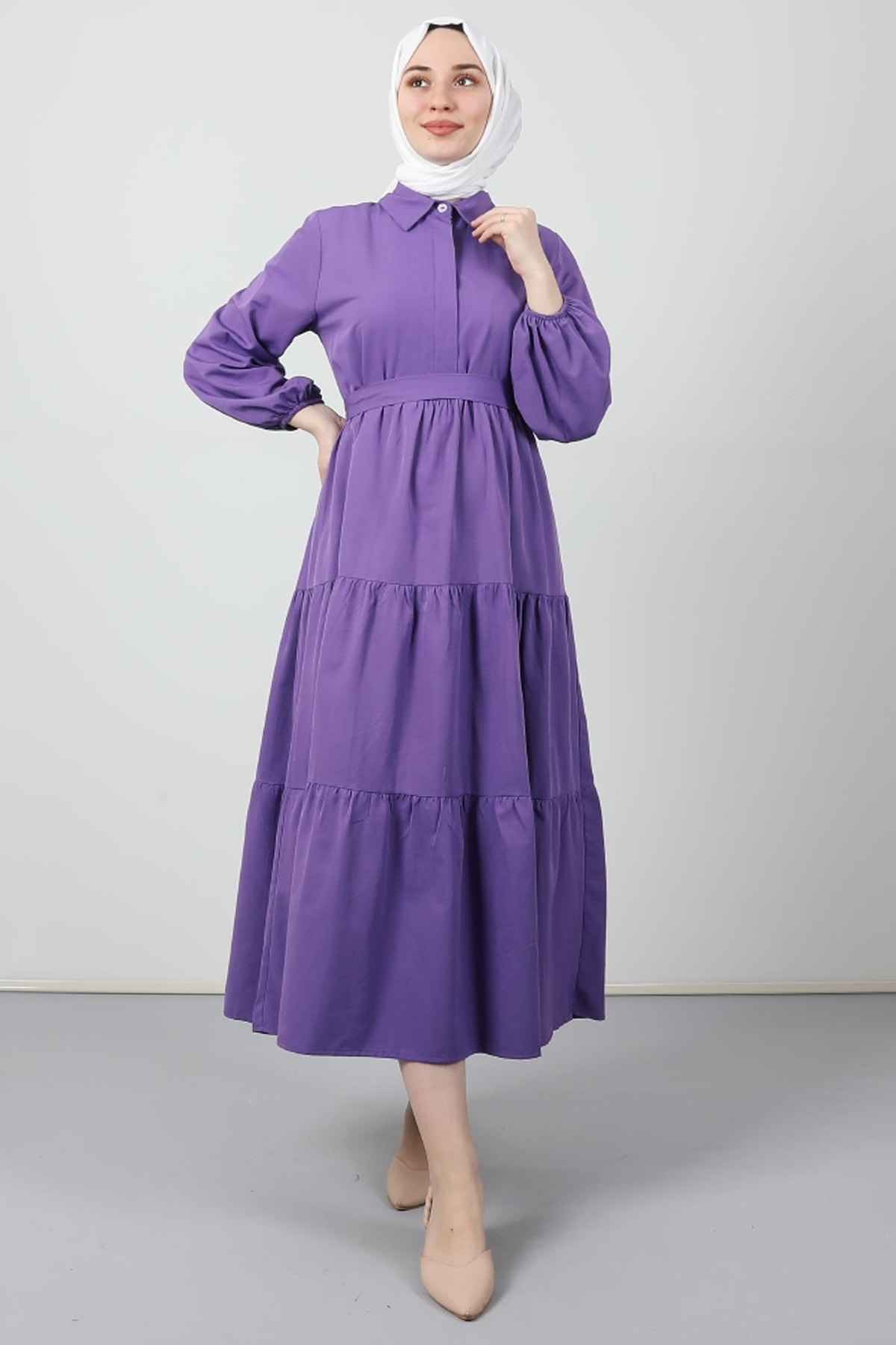 Standard Collar Buttoned Dress Dark Lilac