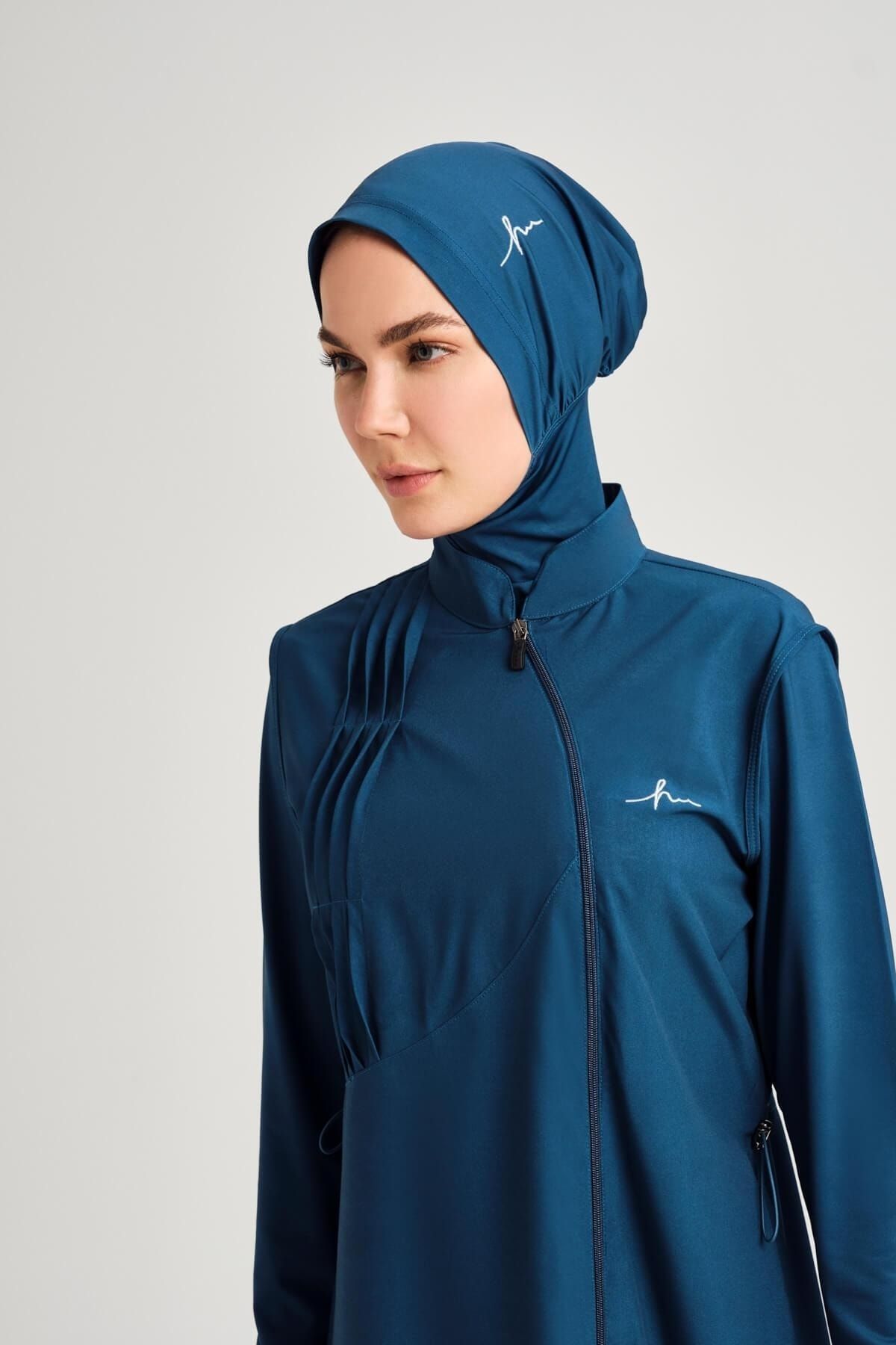 Haşema-Water Ribbed Stitching Detailed Petrol Blue Jelly 5 Piece Hijab Swimsuit Set 6