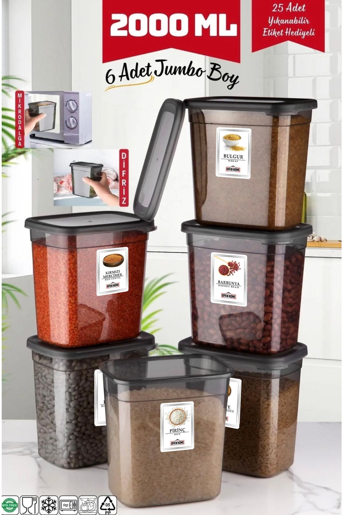 Open Home Concept-6 Pieces Jumbo Size - 2000 ml Anthracite Rectangular Storage Container 1