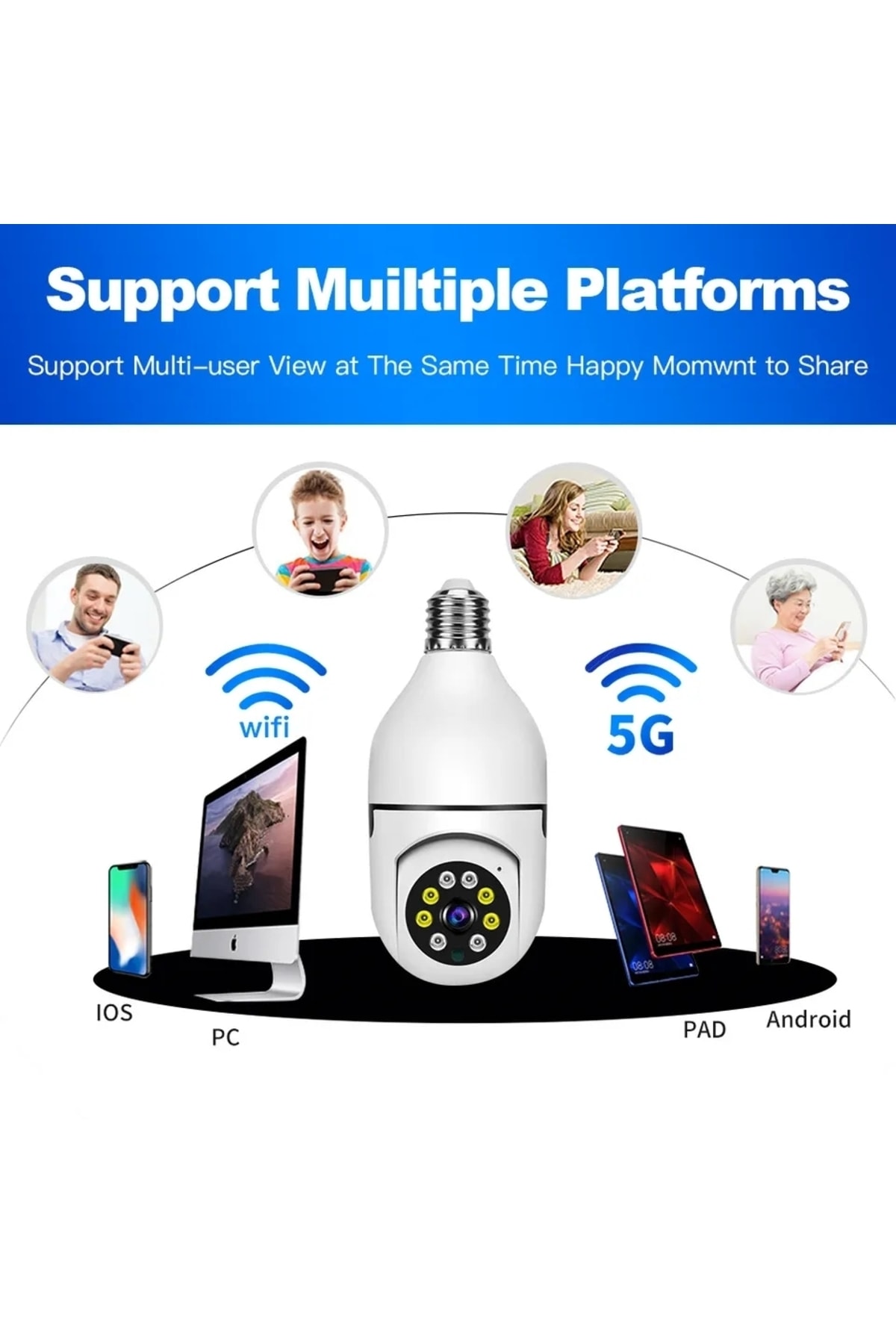 PİNK İTHALAT 360 Ptz Ip Kamera Gece Görüş Kablosuz Bebek Güvenlik Akıllı Ampul Wifi Kamera E27 Duy Tip