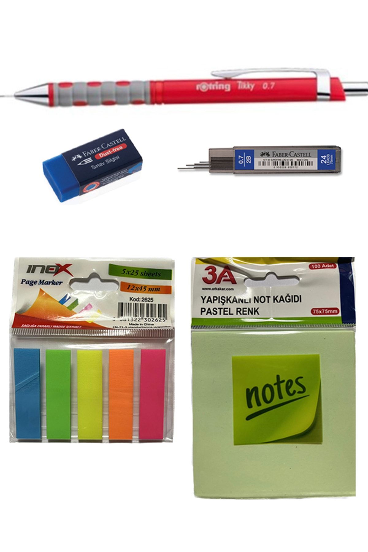 Rotring-Tikky 0.7 Mm Red Versatil Pen, Faber Tube Tip, Exam Eraser and 2-Piece Post-it Set 1