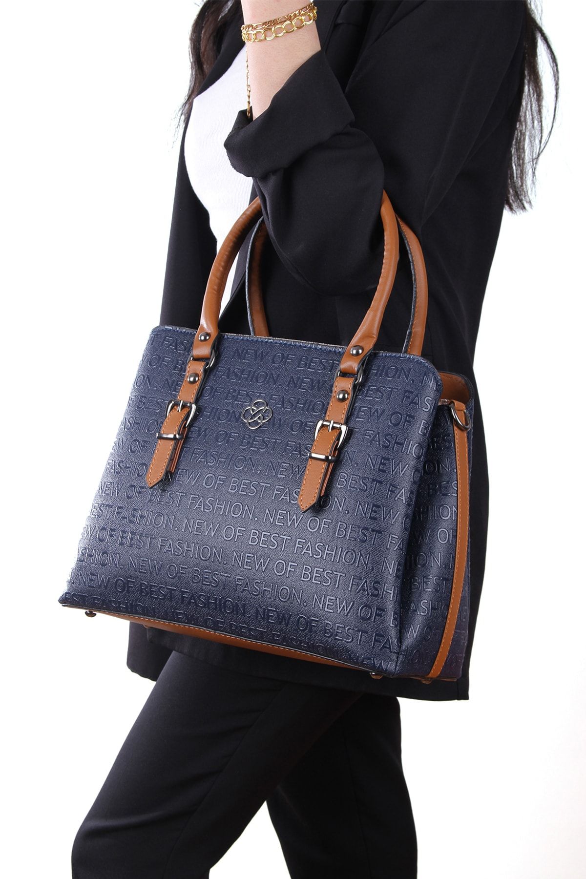 By Hakan Jn 1319 Embossed Women s Hand and Shoulder Bag Navy Blue