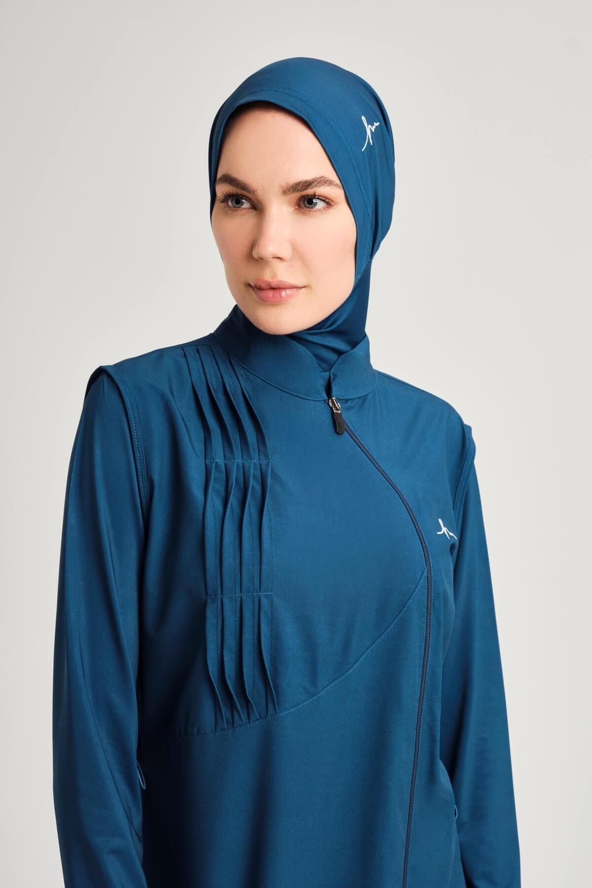 Haşema-Water Ribbed Stitching Detailed Petrol Blue Jelly 5 Piece Hijab Swimsuit Set 7