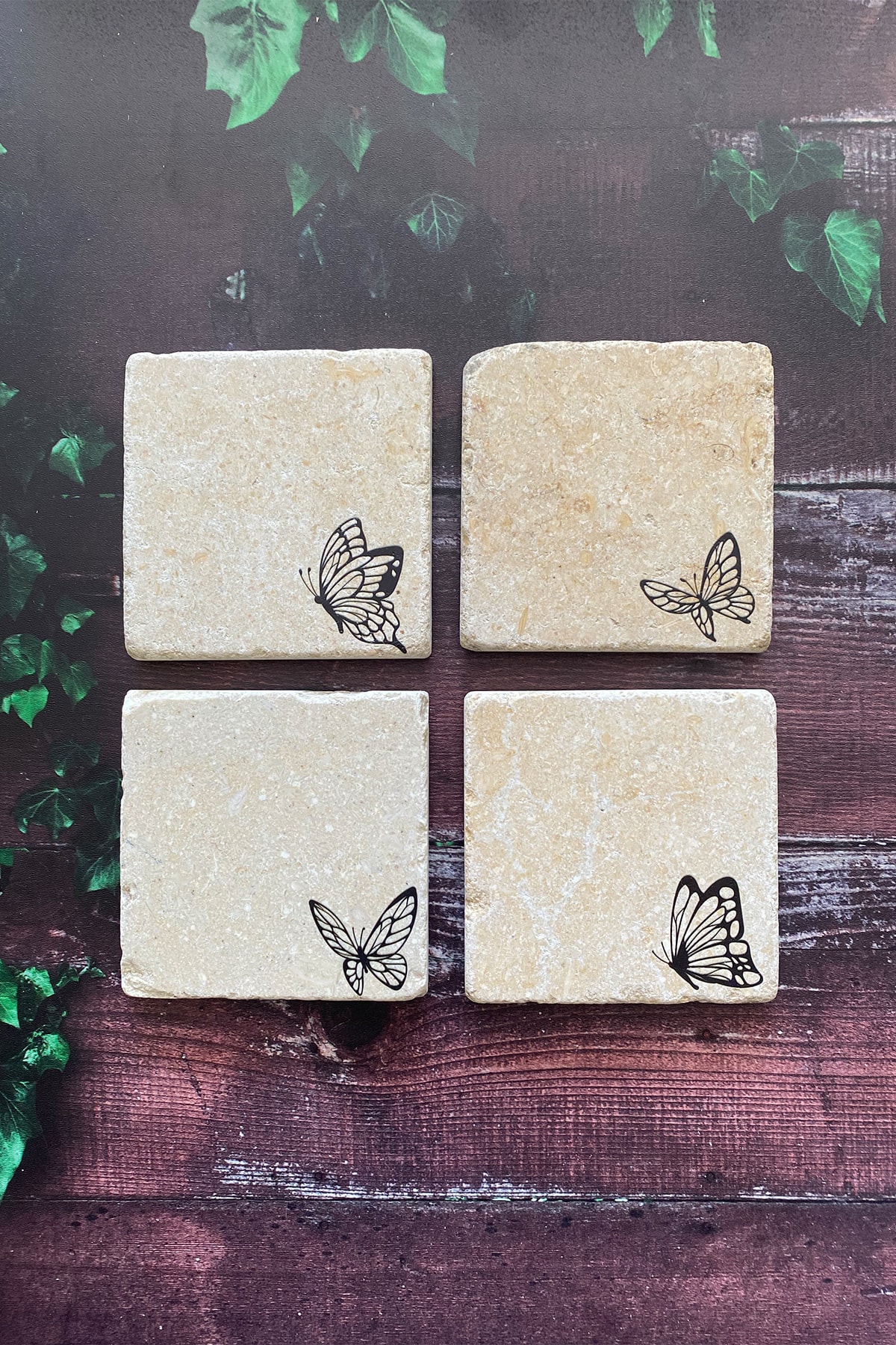 Butterfly Themed Natural Stone Travertine Coaster Set of 4