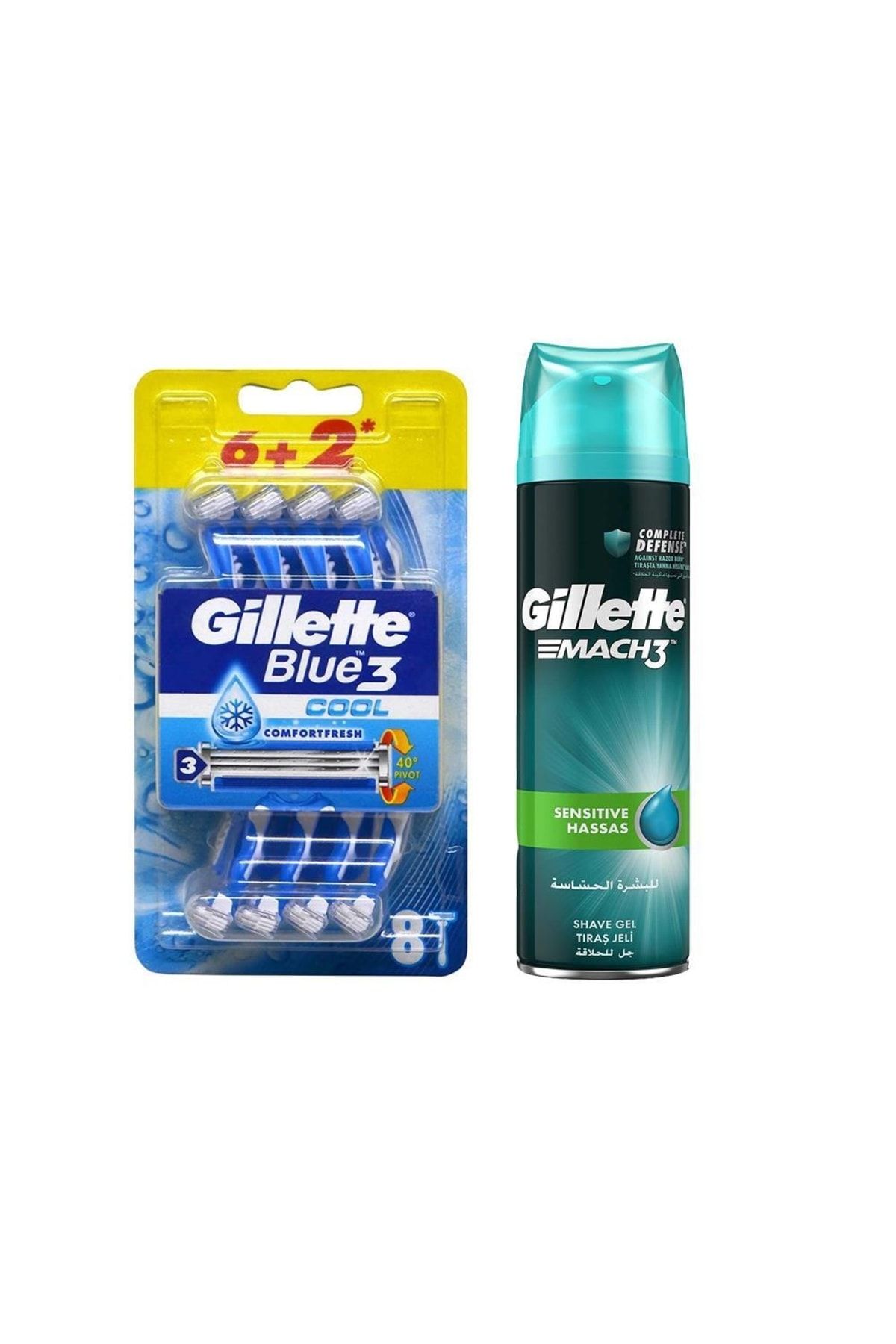 Gillette Blue3 Cool Kullan At Tıraş Bıçağı 8'li+ Tıraş Jeli Mach3 200ml 2li Set