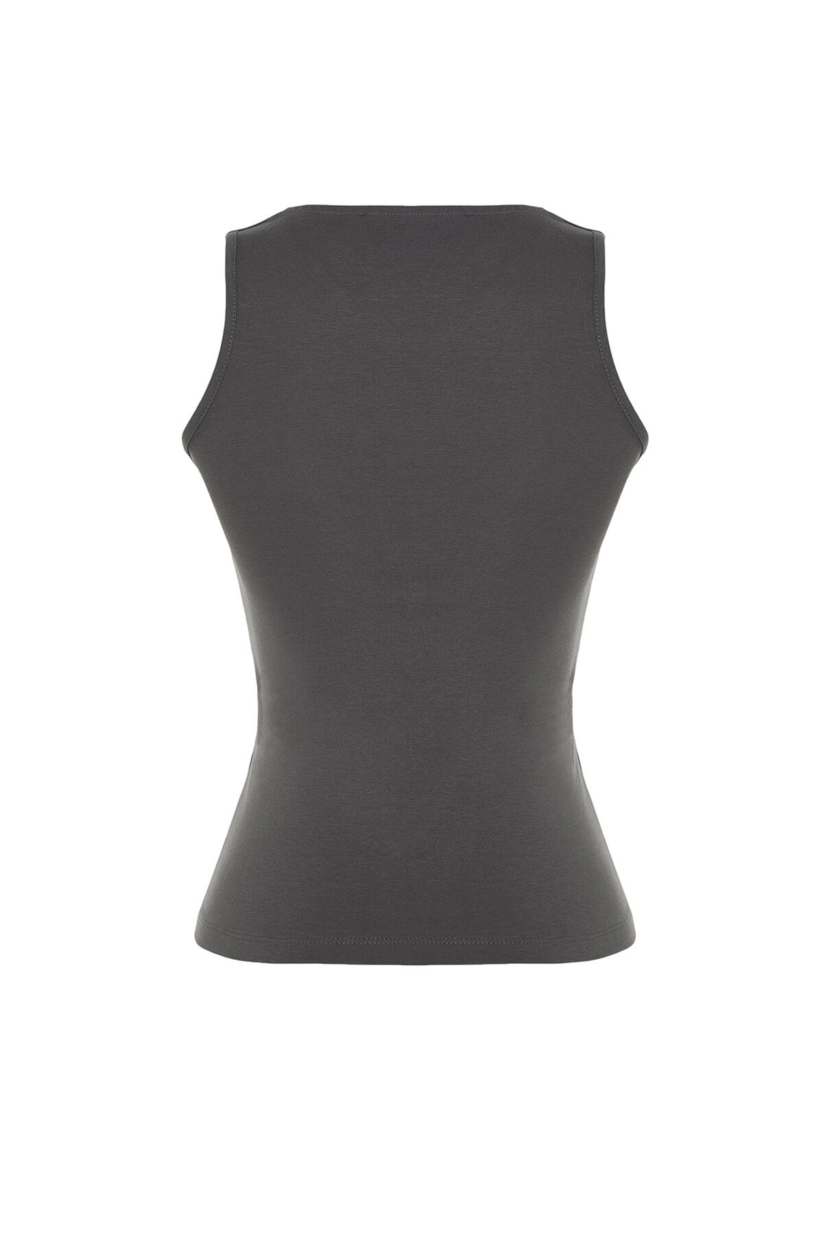 Trendyol Collection-Anthracite Cotton Halter Neck Fitted/Flexible Knitted Athlete Sitting on the Body TWOSS23AL00069 8