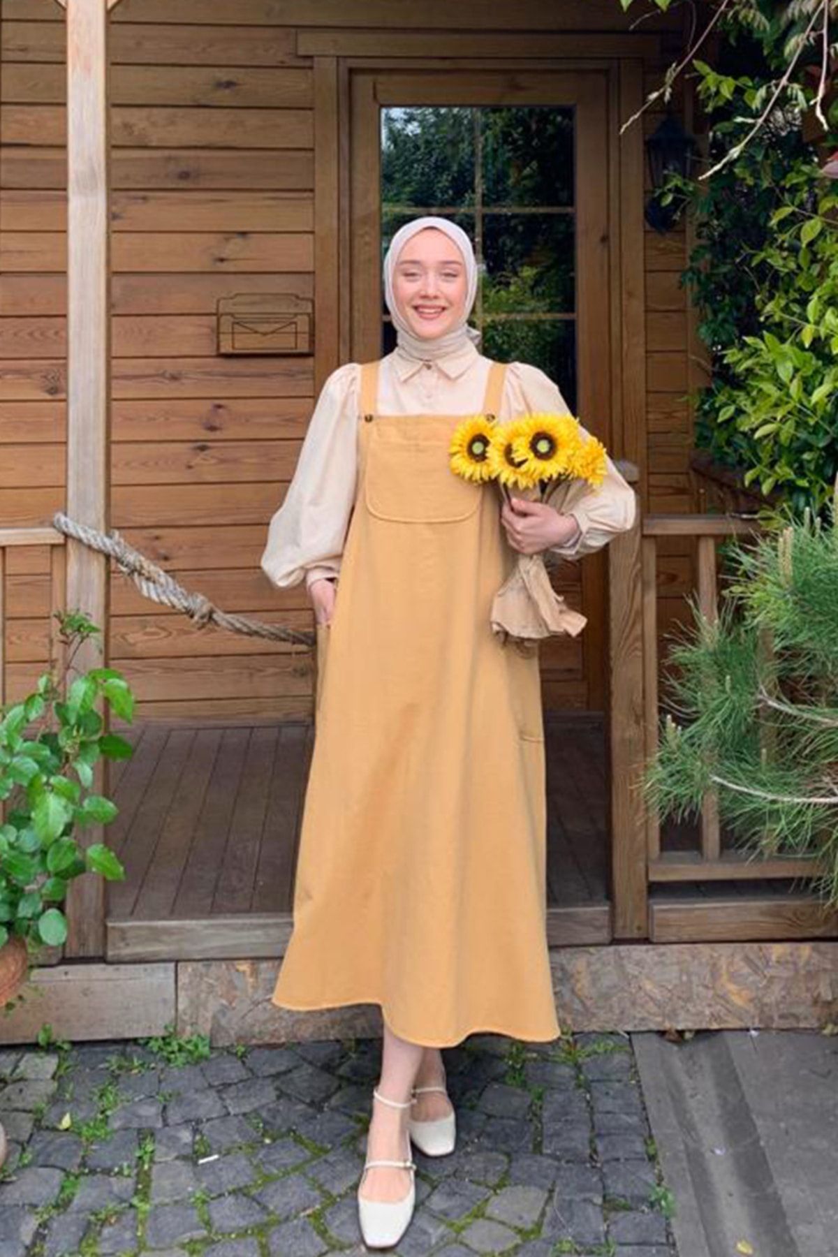 ceylan otantik Camel Linen Skirt Salopet Cream Classic Collar Crop Shirt